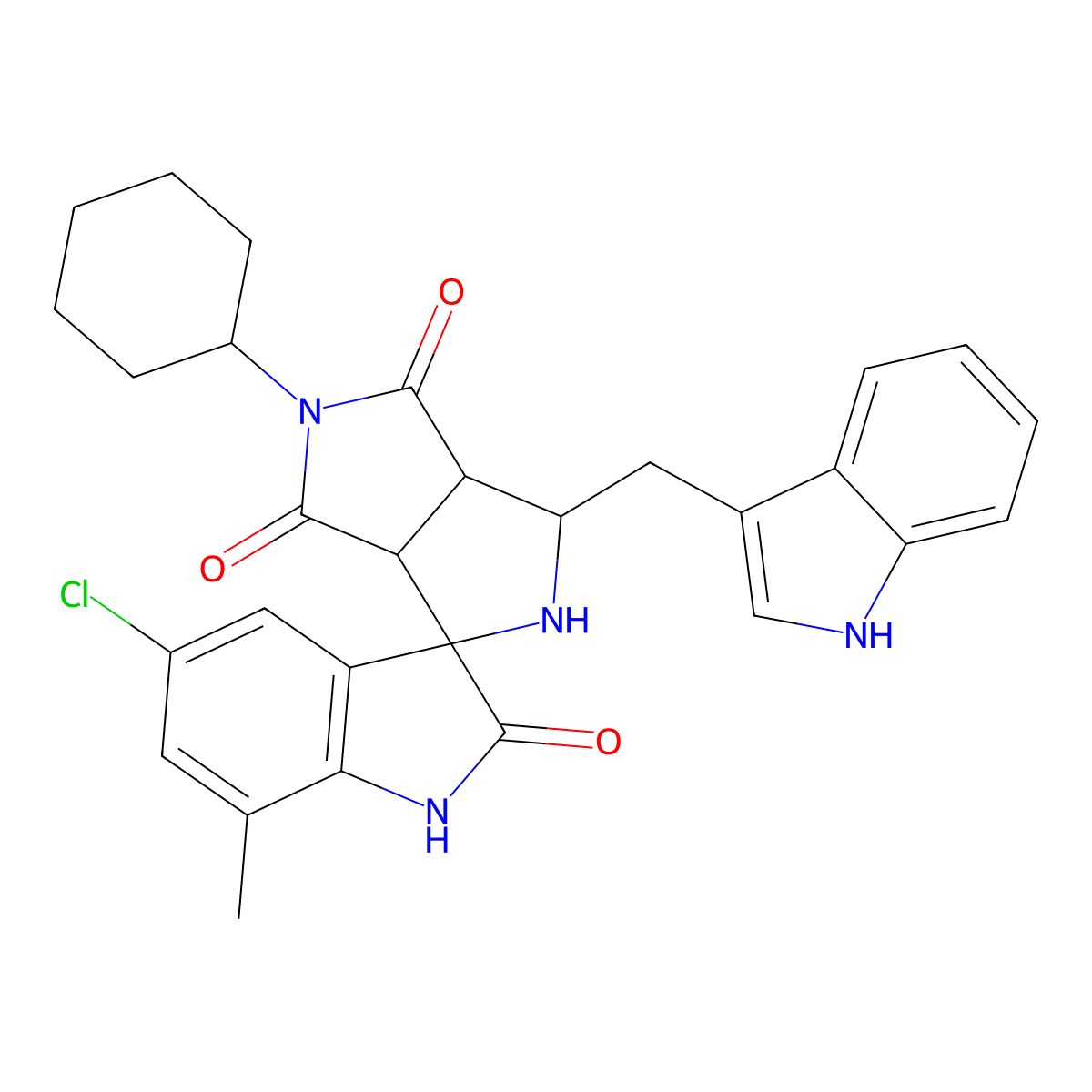 (3aR,6aS)-5'-chloro-5-cyclohexyl-1-(1H-indol-3-ylmethyl)-7'-methylspiro[1,2,3a,6a-tetrahydropyrrolo[3,4-c]pyrrole-3,3'-1H-indole]-2',4,6-trione molecular structure, CAS 1013982-20-1