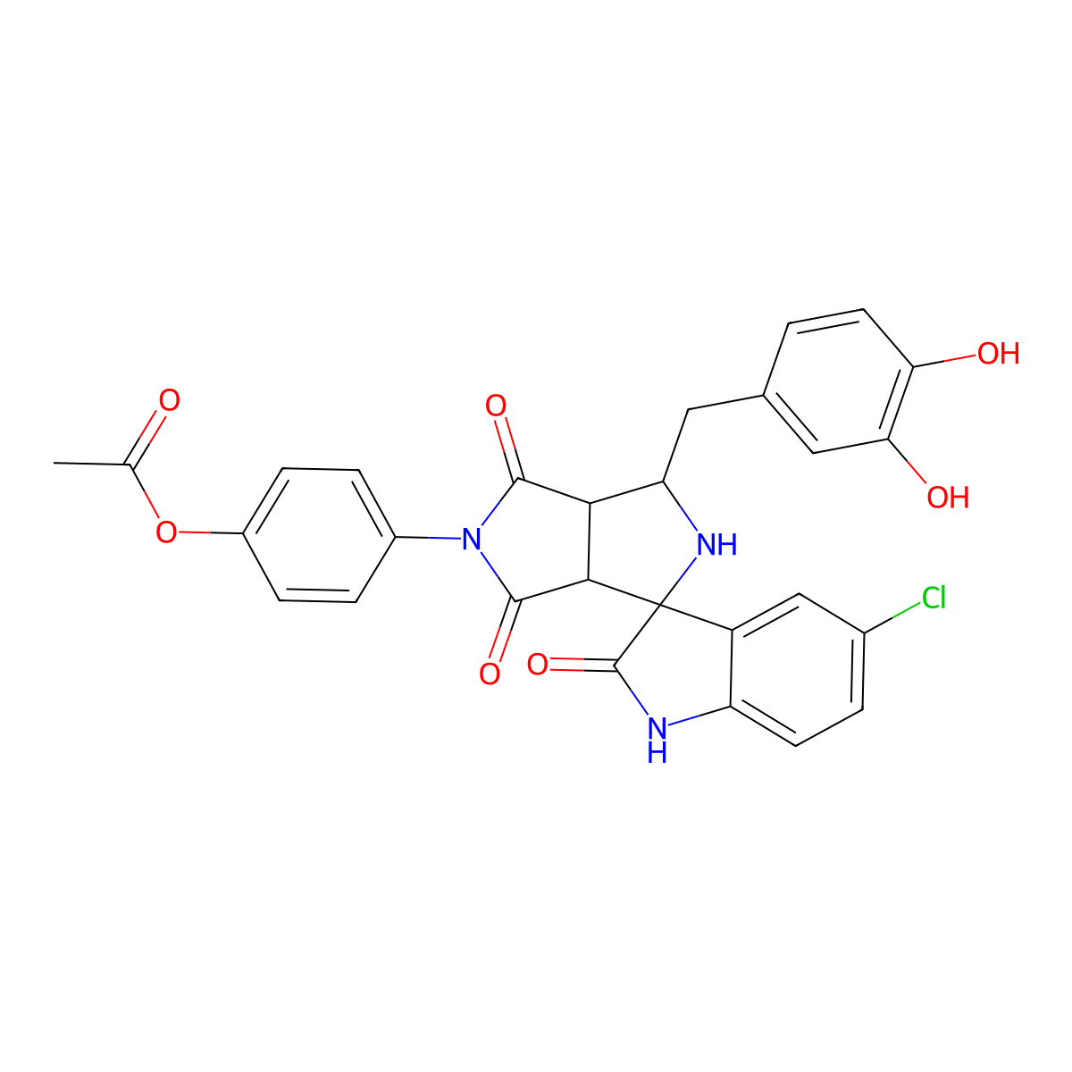 [4-[(3aR,6aS)-5'-chloro-1-[(3,4-dihydroxyphenyl)methyl]-2',4,6-trioxospiro[1,2,3a,6a-tetrahydropyrrolo[3,4-c]pyrrole-3,3'-1H-indole]-5-yl]phenyl] acetate molecular structure, CAS 1013983-10-2