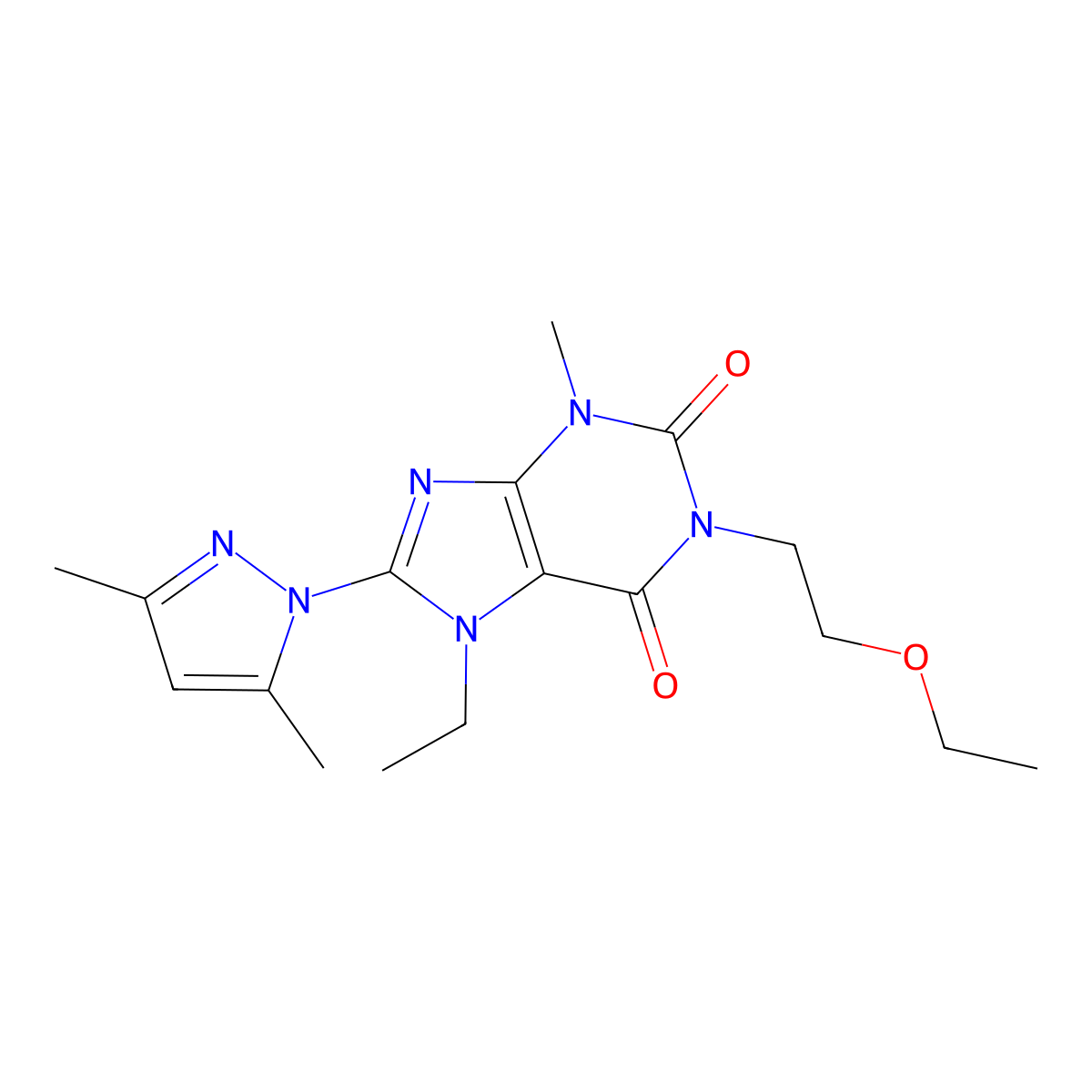 8-(3,5-dimethyl-1H-pyrazol-1-yl)-1-(2-ethoxyethyl)-7-ethyl-3-methyl-1H-purine-2,6(3H,7H)-dione molecular structure, CAS 1013988-25-4