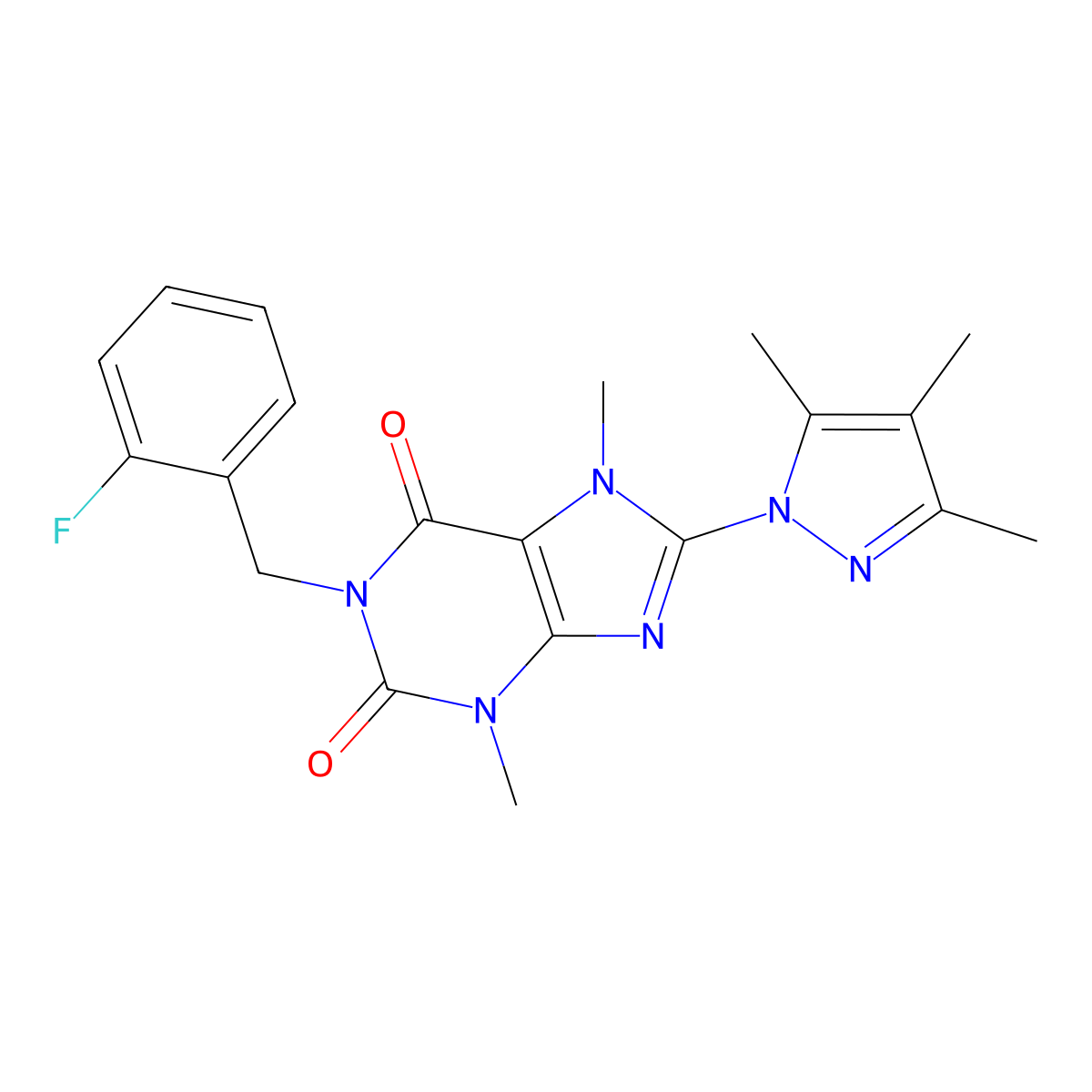 1-(2-fluorobenzyl)-3,7-dimethyl-8-(3,4,5-trimethyl-1H-pyrazol-1-yl)-1H-purine-2,6(3H,7H)-dione molecular structure, CAS 1013988-36-7