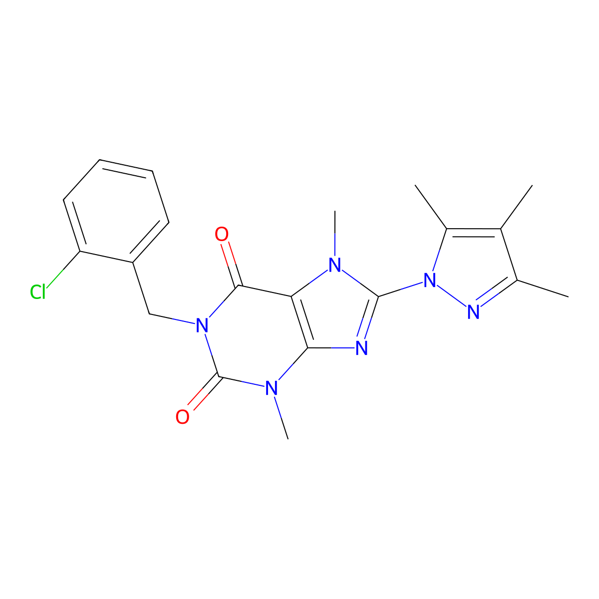 1-(2-chlorobenzyl)-3,7-dimethyl-8-(3,4,5-trimethyl-1H-pyrazol-1-yl)-1H-purine-2,6(3H,7H)-dione molecular structure, CAS 1013988-37-8