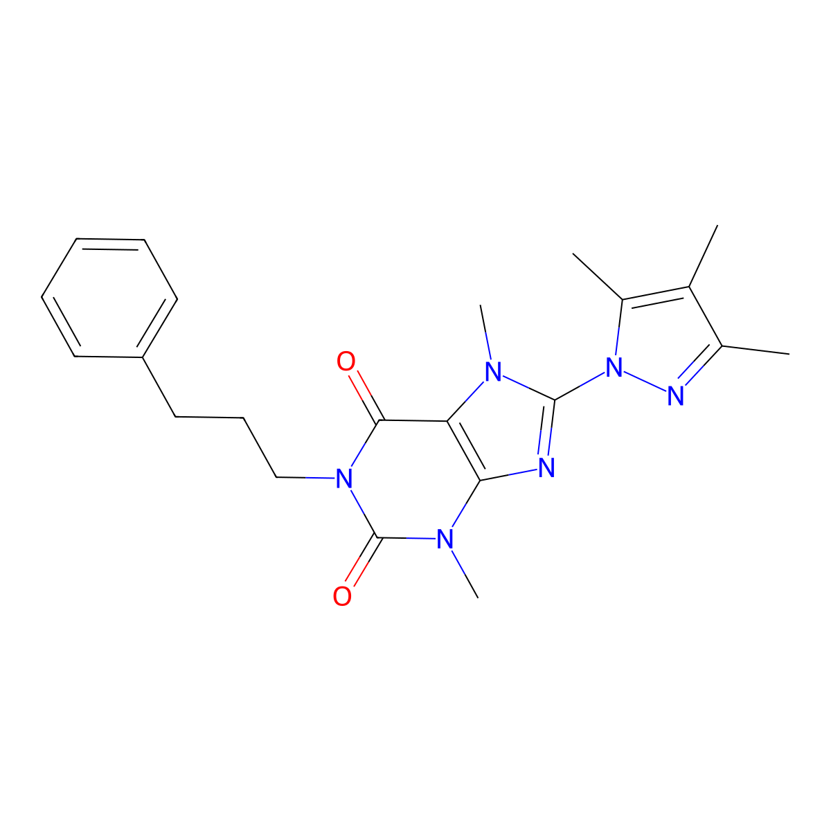 3,7-dimethyl-1-(3-phenylpropyl)-8-(3,4,5-trimethyl-1H-pyrazol-1-yl)-1H-purine-2,6(3H,7H)-dione molecular structure, CAS 1013988-41-4