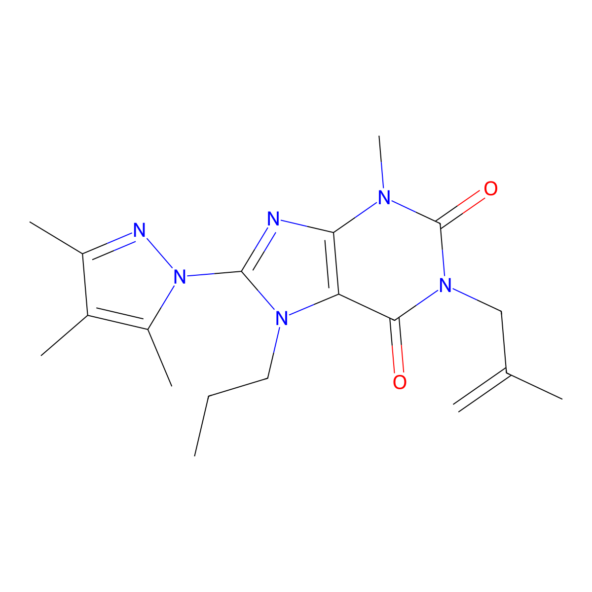 3-methyl-1-(2-methylprop-2-en-1-yl)-7-propyl-8-(3,4,5-trimethyl-1H-pyrazol-1-yl)-2,3,6,7-tetrahydro-1H-purine-2,6-dione molecular structure, CAS 1013988-48-1
