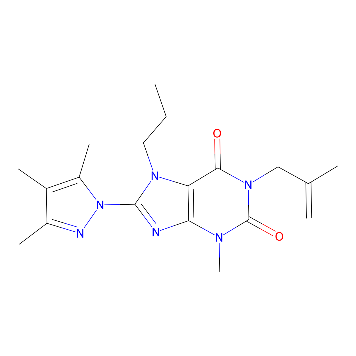 3-methyl-1-(2-methylprop-2-en-1-yl)-7-propyl-8-(3,4,5-trimethyl-1H-pyrazol-1-yl)-2,3,6,7-tetrahydro-1H-purine-2,6-dione molecular structure, CAS 1013988-48-1