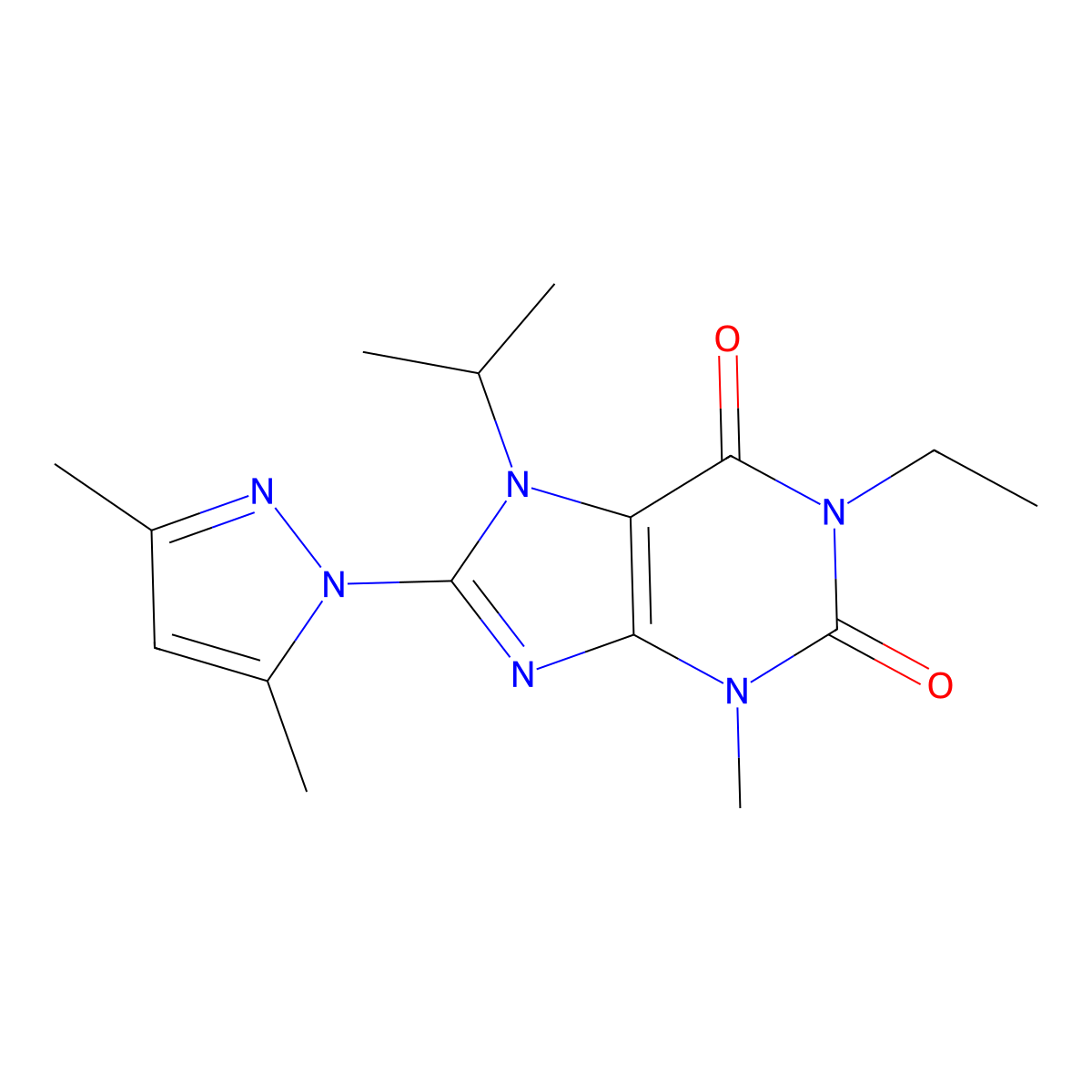 8-(3,5-dimethyl-1H-pyrazol-1-yl)-1-ethyl-7-isopropyl-3-methyl-1H-purine-2,6(3H,7H)-dione molecular structure, CAS 1013988-53-8