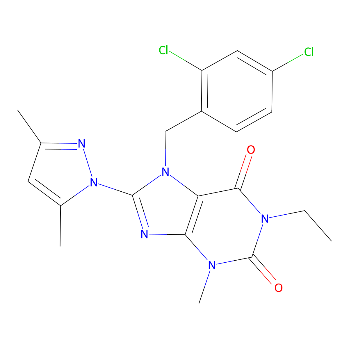 7-(2,4-dichlorobenzyl)-8-(3,5-dimethyl-1H-pyrazol-1-yl)-1-ethyl-3-methyl-1H-purine-2,6(3H,7H)-dione molecular structure, CAS 1013988-73-2