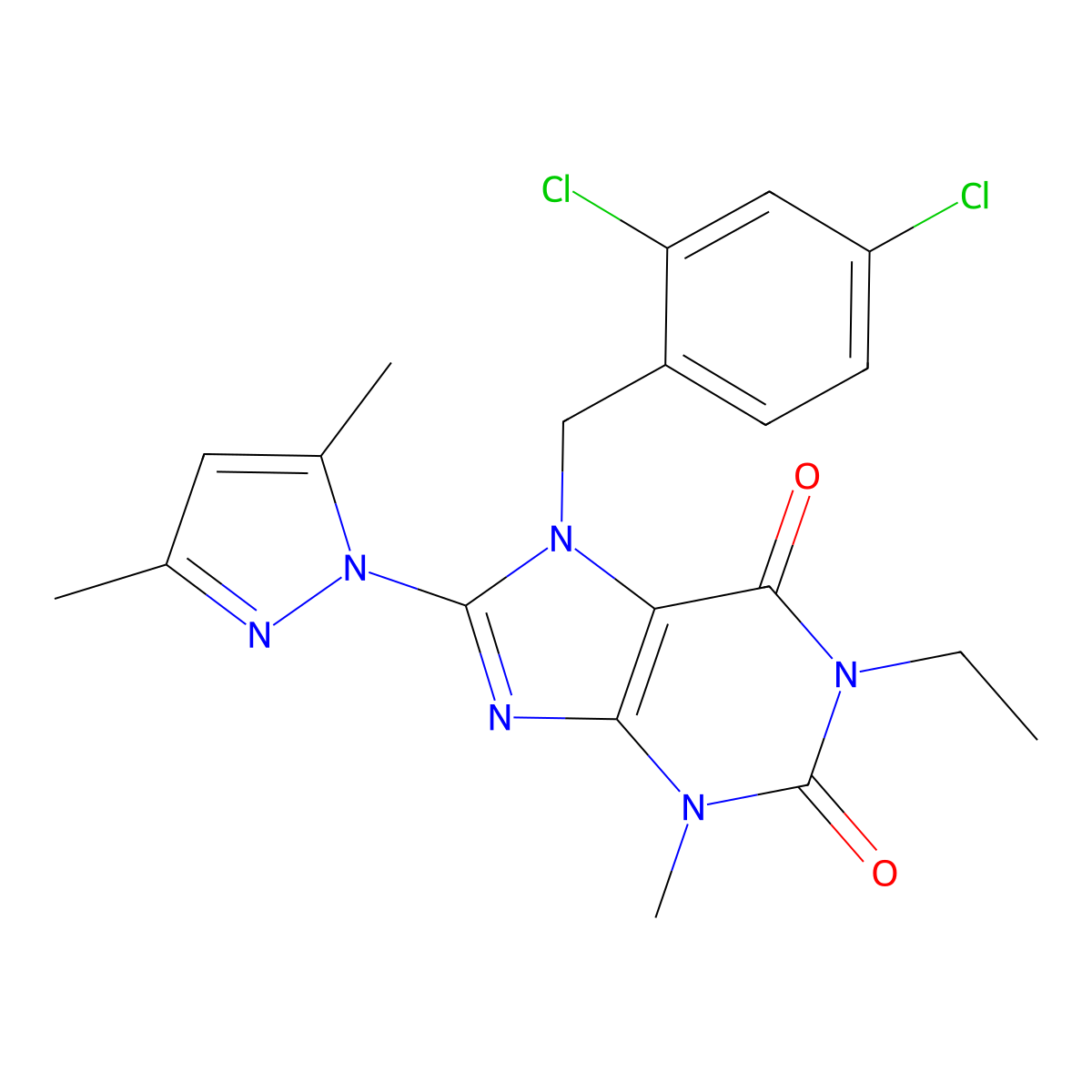 7-(2,4-dichlorobenzyl)-8-(3,5-dimethyl-1H-pyrazol-1-yl)-1-ethyl-3-methyl-1H-purine-2,6(3H,7H)-dione molecular structure, CAS 1013988-73-2