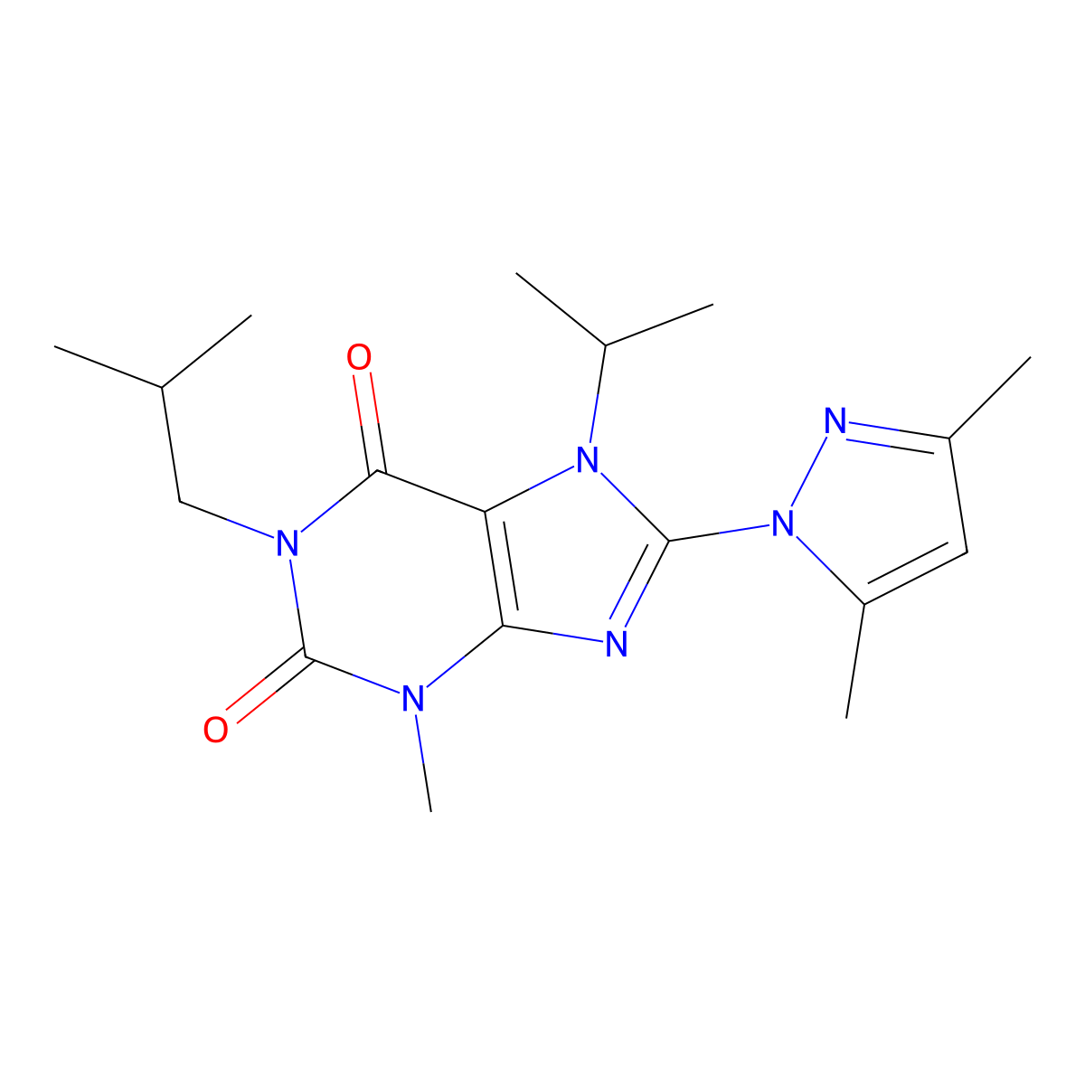 8-(3,5-dimethyl-1H-pyrazol-1-yl)-3-methyl-1-(2-methylpropyl)-7-(propan-2-yl)-2,3,6,7-tetrahydro-1H-purine-2,6-dione molecular structure, CAS 1013988-82-3