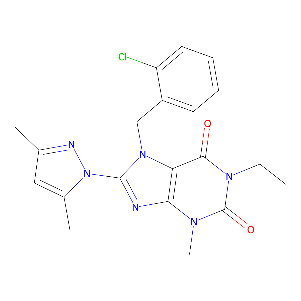 7-(2-chlorobenzyl)-8-(3,5-dimethyl-1H-pyrazol-1-yl)-1-ethyl-3-methyl-1H-purine-2,6(3H,7H)-dione molecular structure, CAS 1013988-91-4