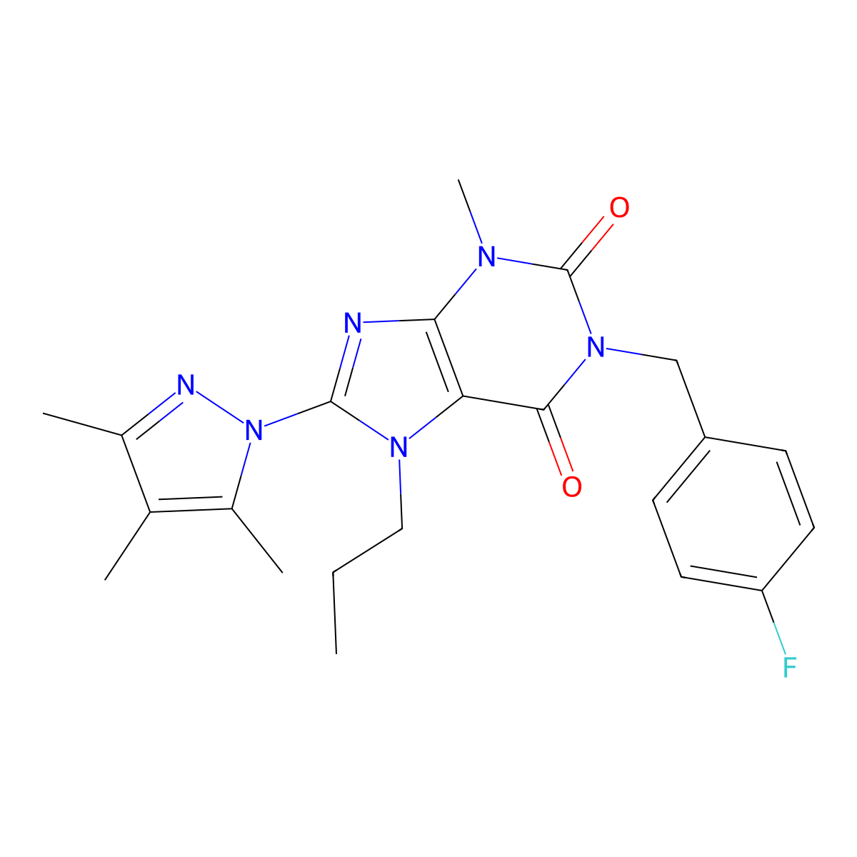 1-(4-fluorobenzyl)-3-methyl-7-propyl-8-(3,4,5-trimethyl-1H-pyrazol-1-yl)-1H-purine-2,6(3H,7H)-dione molecular structure, CAS 1013989-02-0