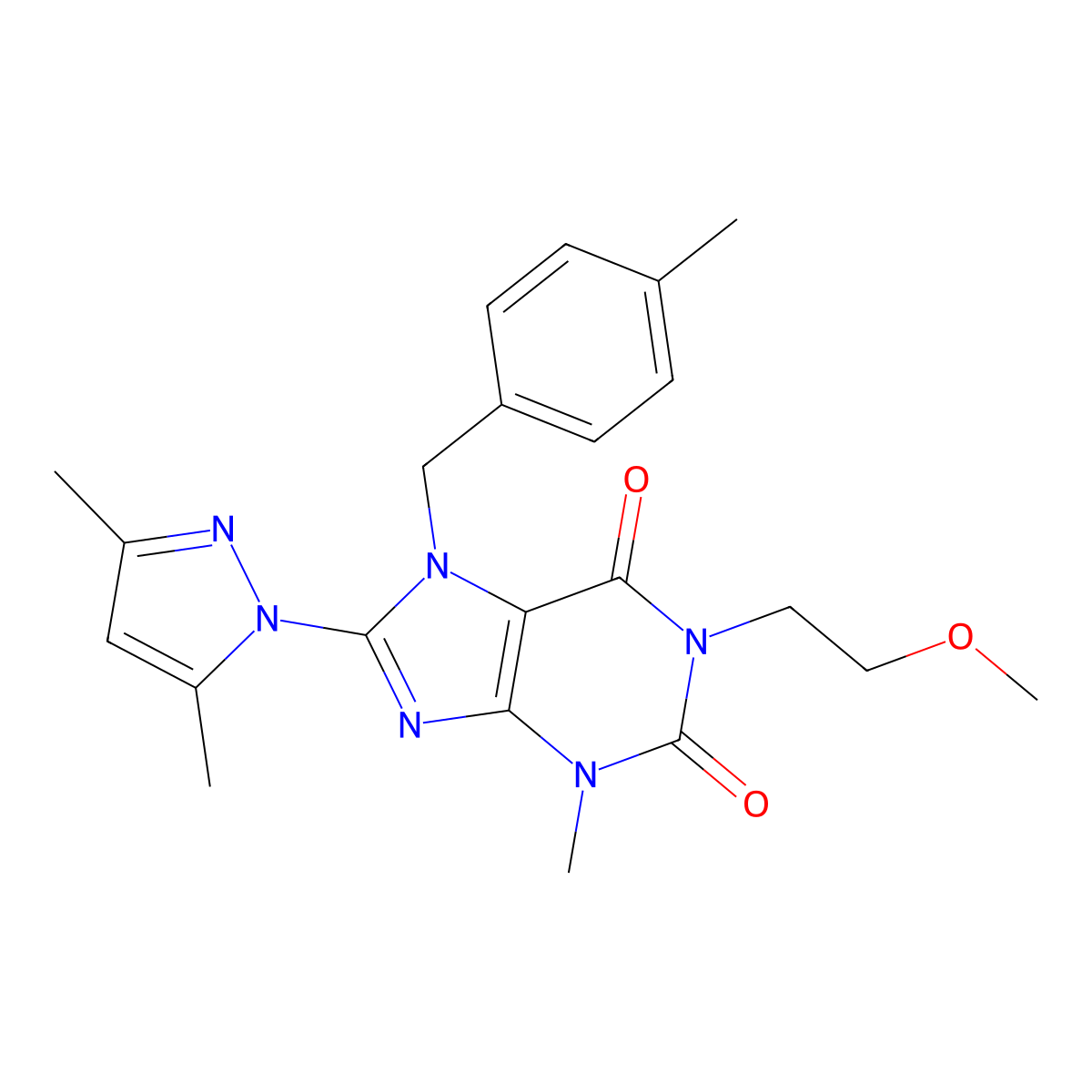 8-(3,5-dimethyl-1H-pyrazol-1-yl)-1-(2-methoxyethyl)-3-methyl-7-(4-methylbenzyl)-1H-purine-2,6(3H,7H)-dione molecular structure, CAS 1013989-35-9