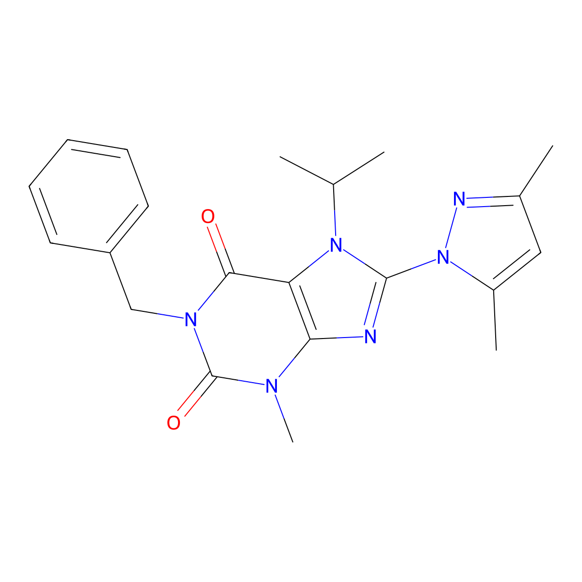 1-benzyl-8-(3,5-dimethyl-1H-pyrazol-1-yl)-7-isopropyl-3-methyl-1H-purine-2,6(3H,7H)-dione molecular structure, CAS 1013989-40-6