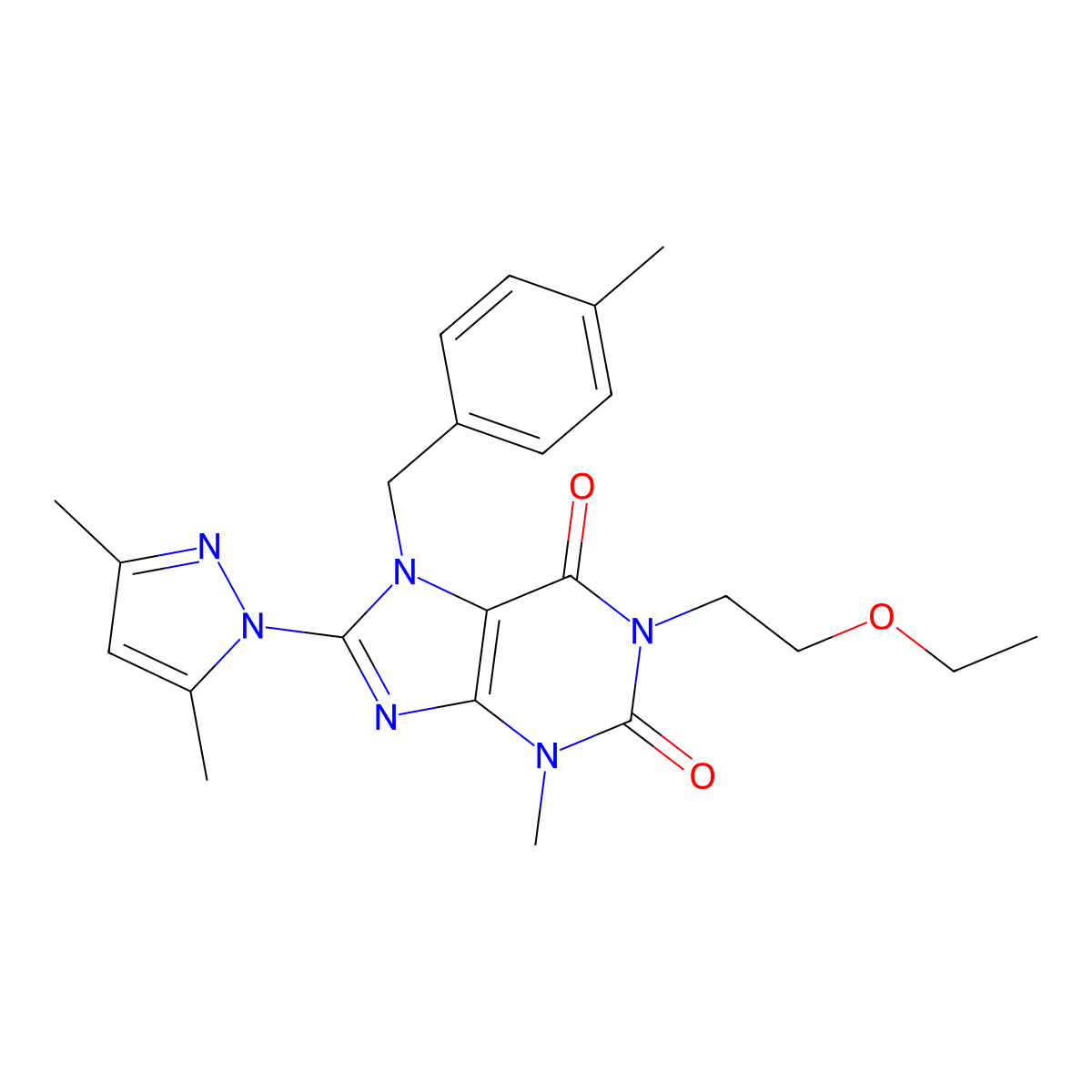 8-(3,5-Dimethylpyrazolyl)-1-(2-ethoxyethyl)-3-methyl-7-[(4-methylphenyl)methyl]-1,3,7-trihydropurine-2,6-dione molecular structure, CAS 1013989-46-2