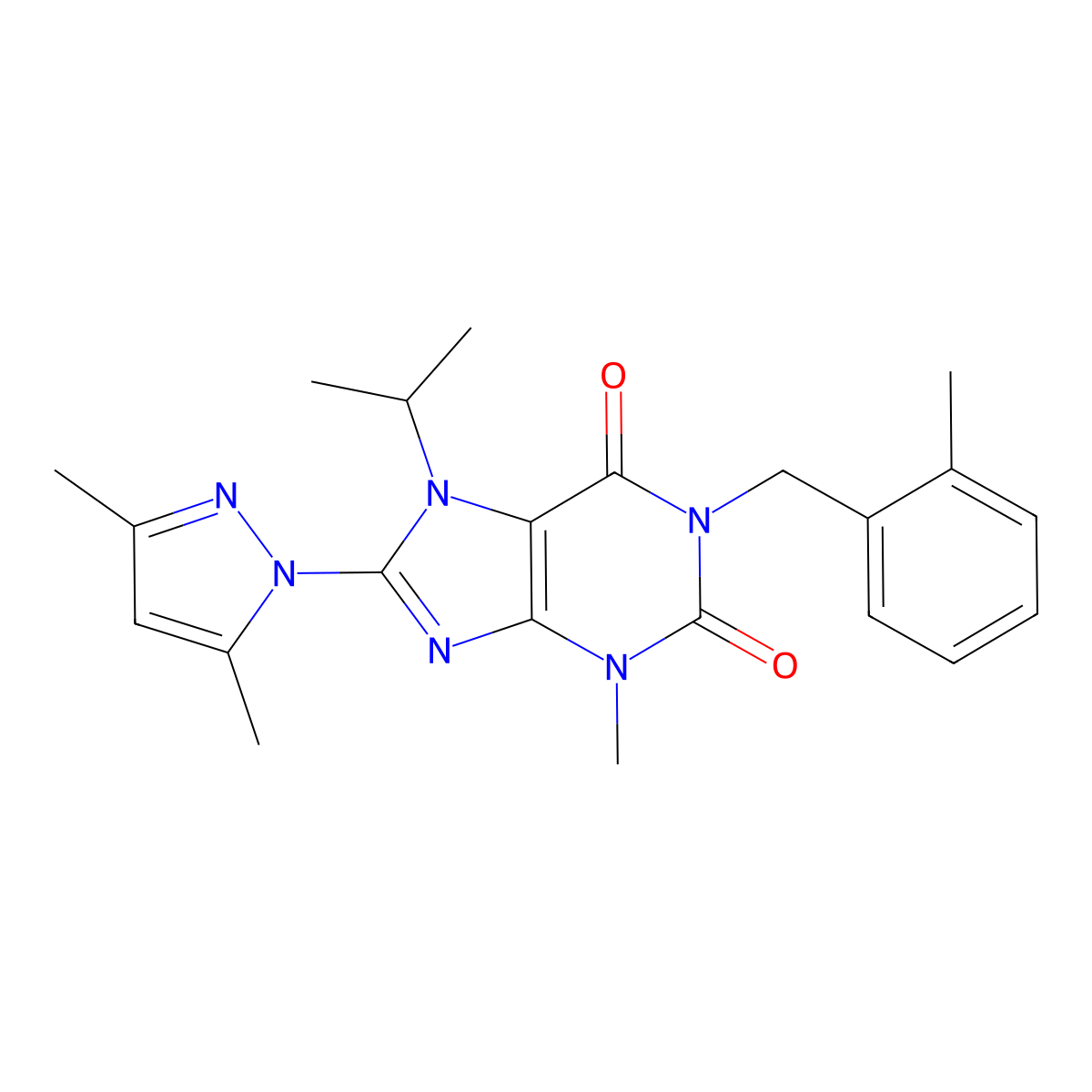 8-(3,5-Dimethylpyrazolyl)-3-methyl-7-(methylethyl)-1-[(2-methylphenyl)methyl]-1,3,7-trihydropurine-2,6-dione molecular structure, CAS 1013989-47-3