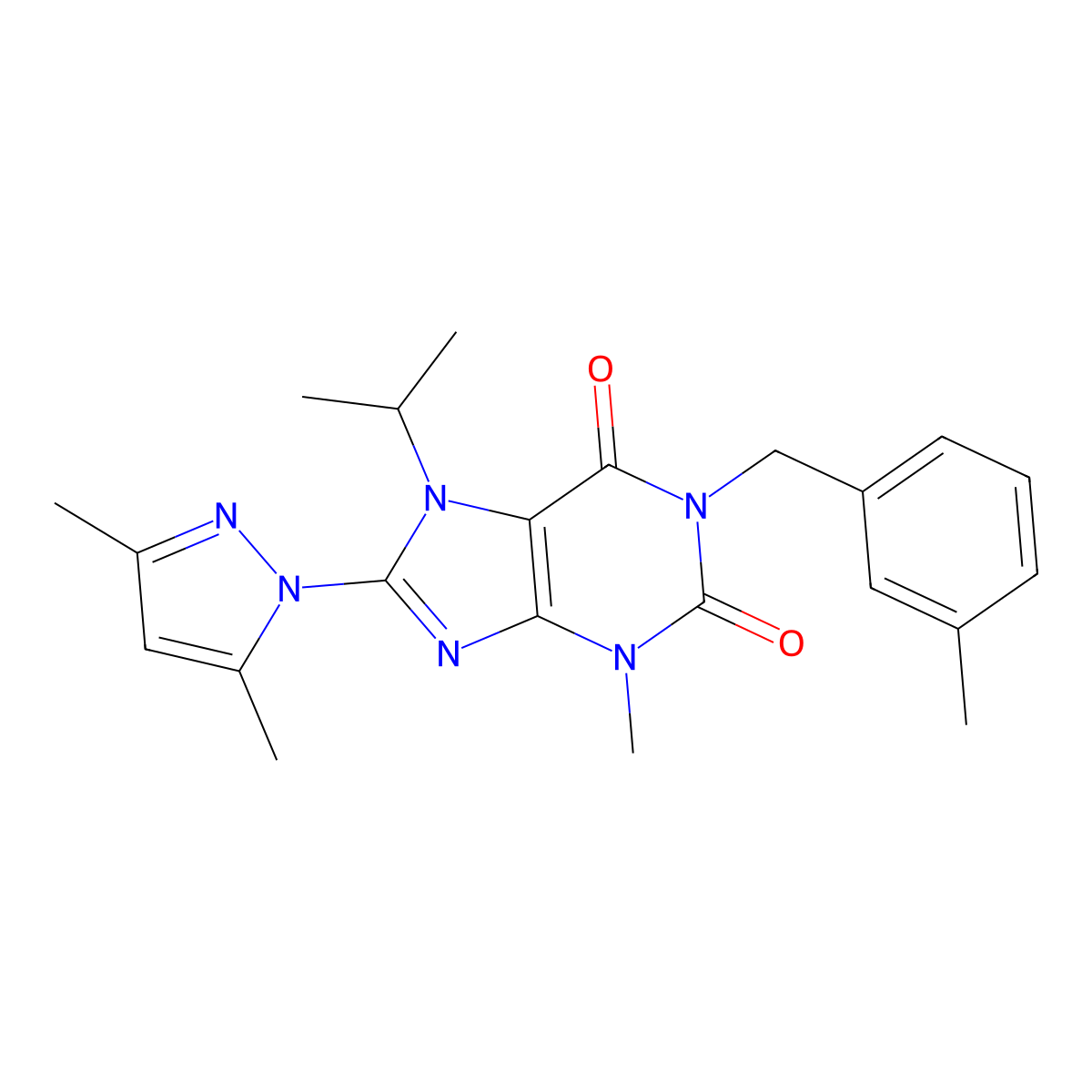 8-(3,5-dimethyl-1H-pyrazol-1-yl)-3-methyl-1-[(3-methylphenyl)methyl]-7-(propan-2-yl)-2,3,6,7-tetrahydro-1H-purine-2,6-dione molecular structure, CAS 1013989-57-5