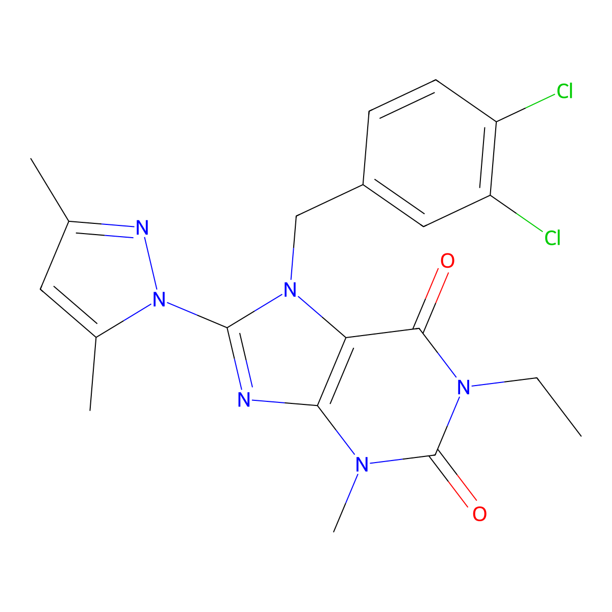 7-(3,4-dichlorobenzyl)-8-(3,5-dimethyl-1H-pyrazol-1-yl)-1-ethyl-3-methyl-1H-purine-2,6(3H,7H)-dione molecular structure, CAS 1013989-71-3