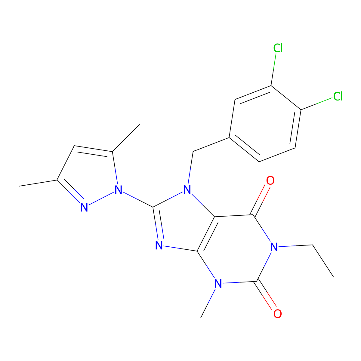 7-(3,4-dichlorobenzyl)-8-(3,5-dimethyl-1H-pyrazol-1-yl)-1-ethyl-3-methyl-1H-purine-2,6(3H,7H)-dione molecular structure, CAS 1013989-71-3