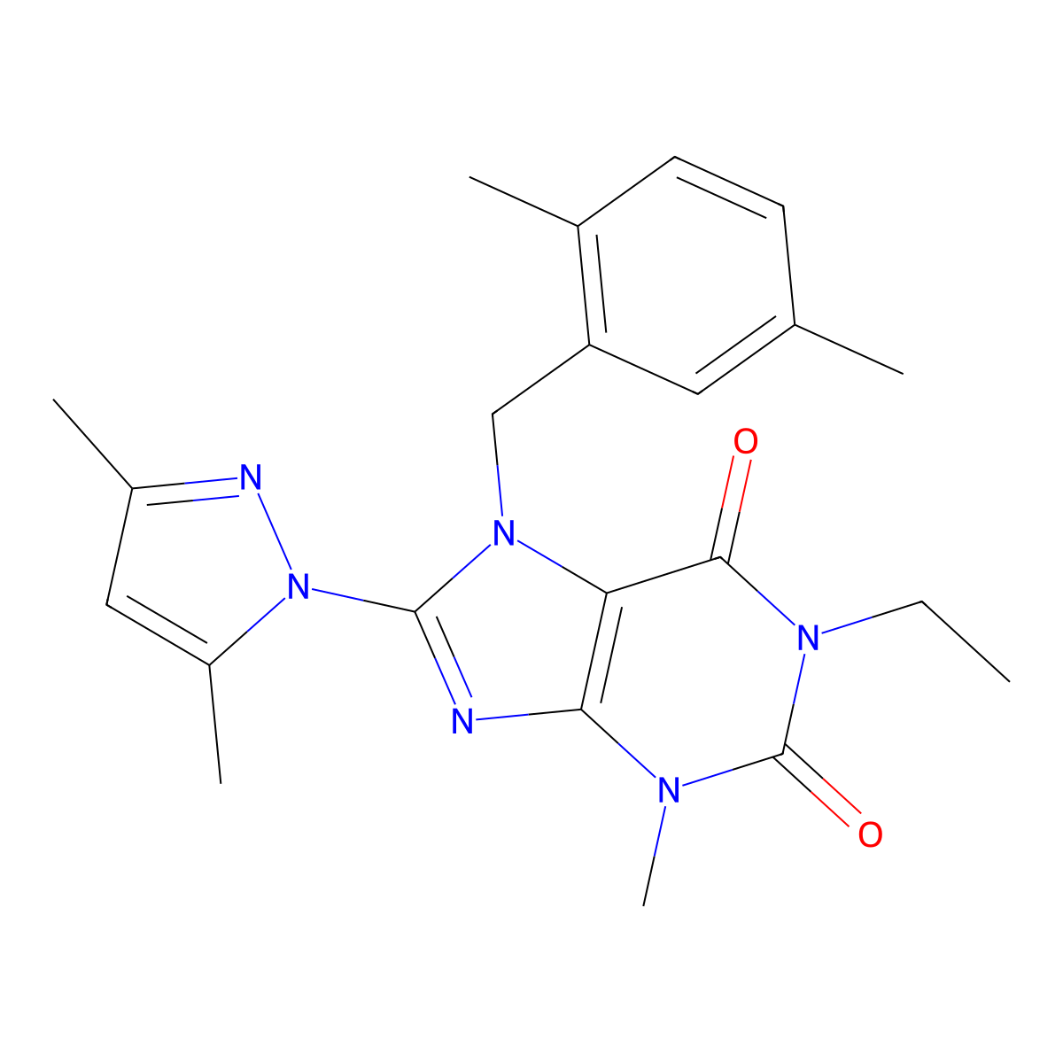 8-(3,5-dimethyl-1H-pyrazol-1-yl)-7-(2,5-dimethylbenzyl)-1-ethyl-3-methyl-1H-purine-2,6(3H,7H)-dione molecular structure, CAS 1013989-80-4