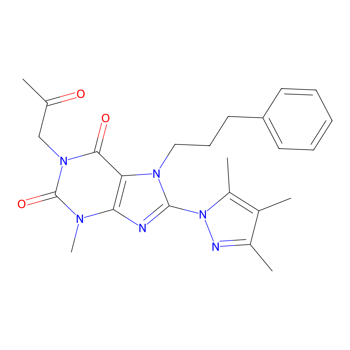 3-Methyl-1-(2-oxopropyl)-7-(3-phenylpropyl)-8-(3,4,5-trimethylpyrazol-1-yl)purine-2,6-dione molecular structure, CAS 1013989-84-8