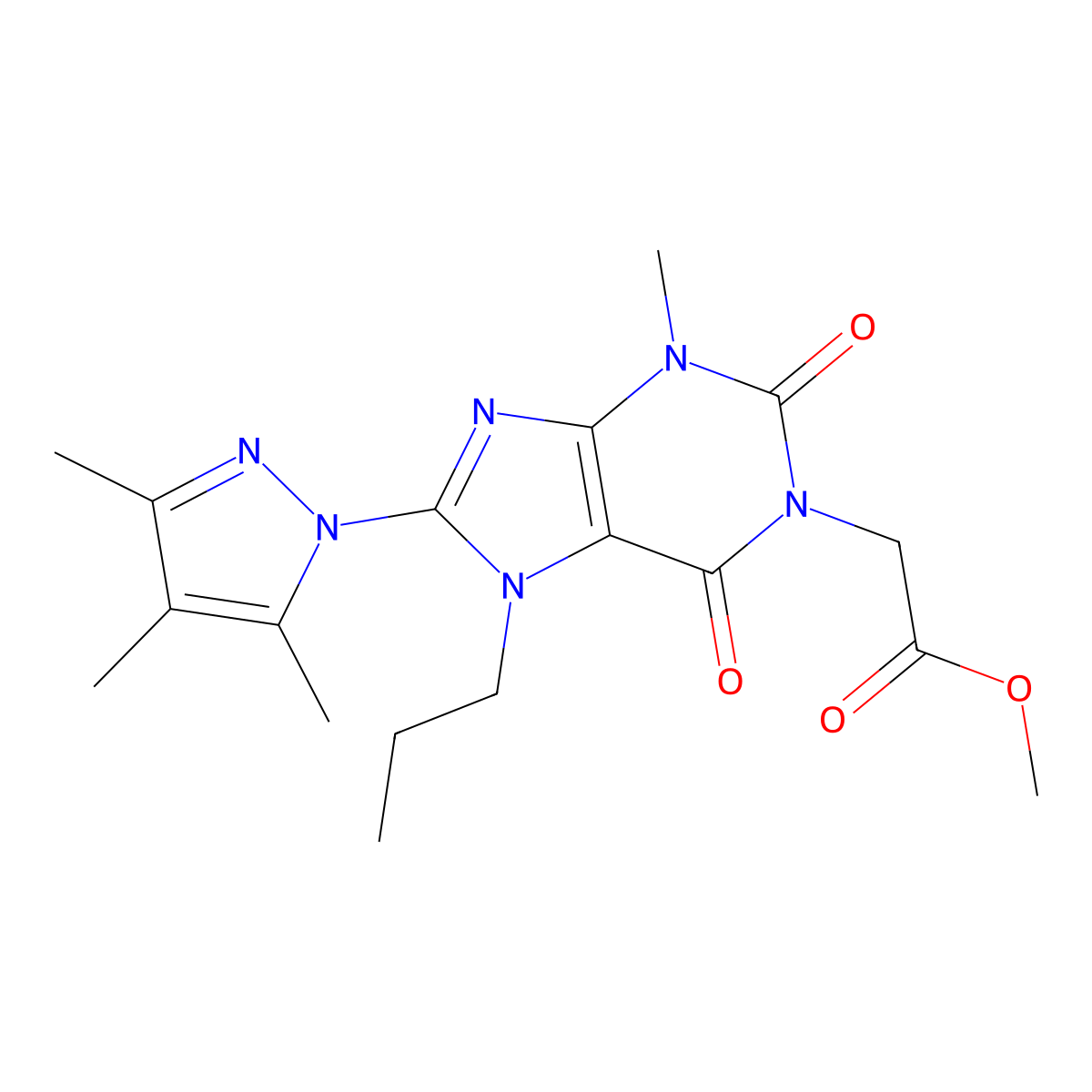 methyl 2-(3-methyl-2,6-dioxo-7-propyl-8-(3,4,5-trimethyl-1H-pyrazol-1-yl)-2,3,6,7-tetrahydro-1H-purin-1-yl)acetate molecular structure, CAS 1013989-89-3