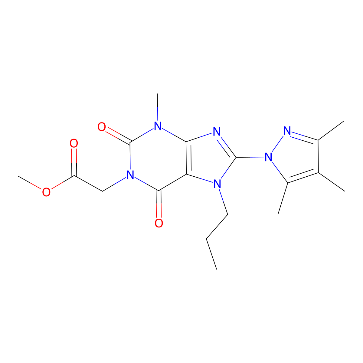 methyl 2-(3-methyl-2,6-dioxo-7-propyl-8-(3,4,5-trimethyl-1H-pyrazol-1-yl)-2,3,6,7-tetrahydro-1H-purin-1-yl)acetate molecular structure, CAS 1013989-89-3