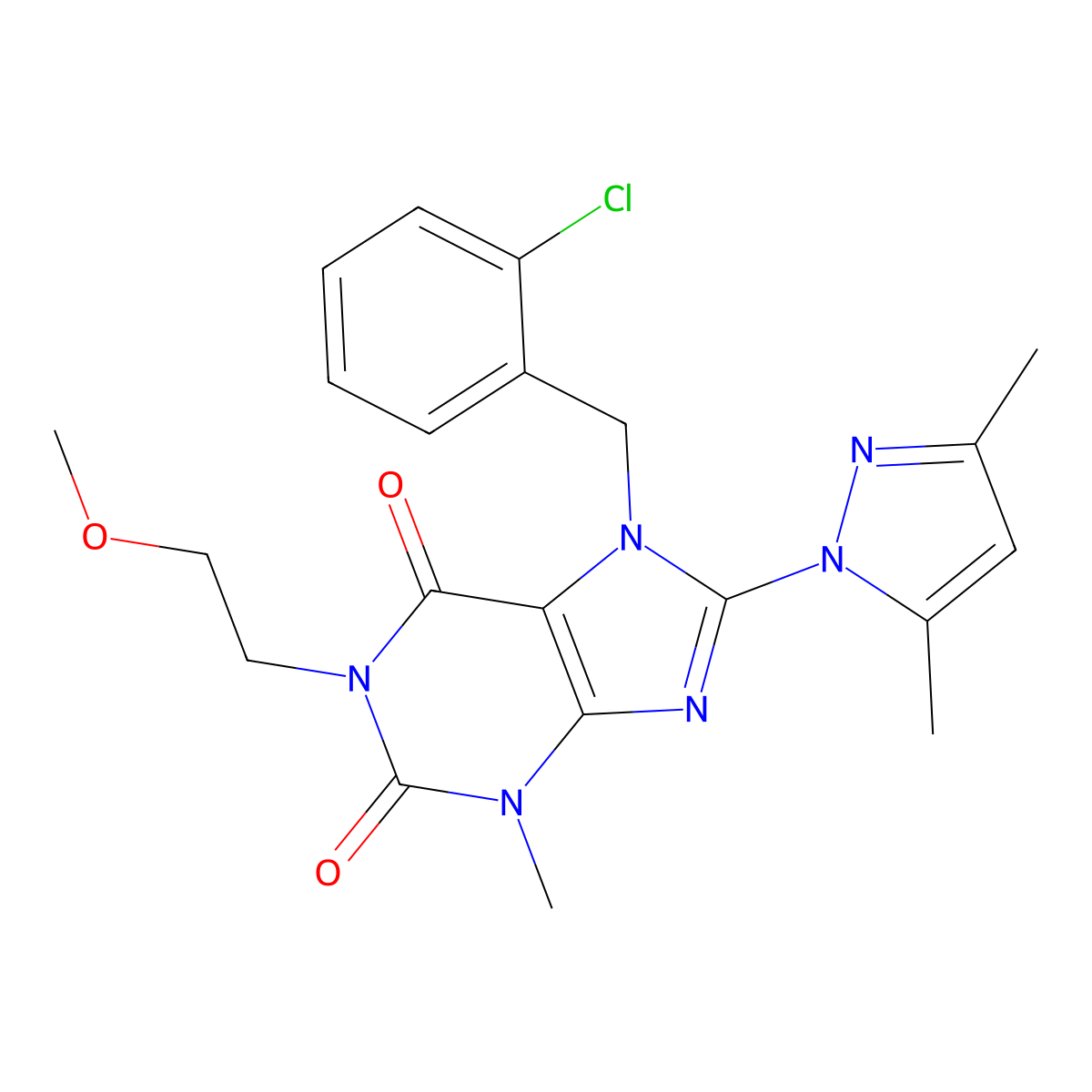7-(2-chlorobenzyl)-8-(3,5-dimethyl-1H-pyrazol-1-yl)-1-(2-methoxyethyl)-3-methyl-1H-purine-2,6(3H,7H)-dione molecular structure, CAS 1013990-14-1