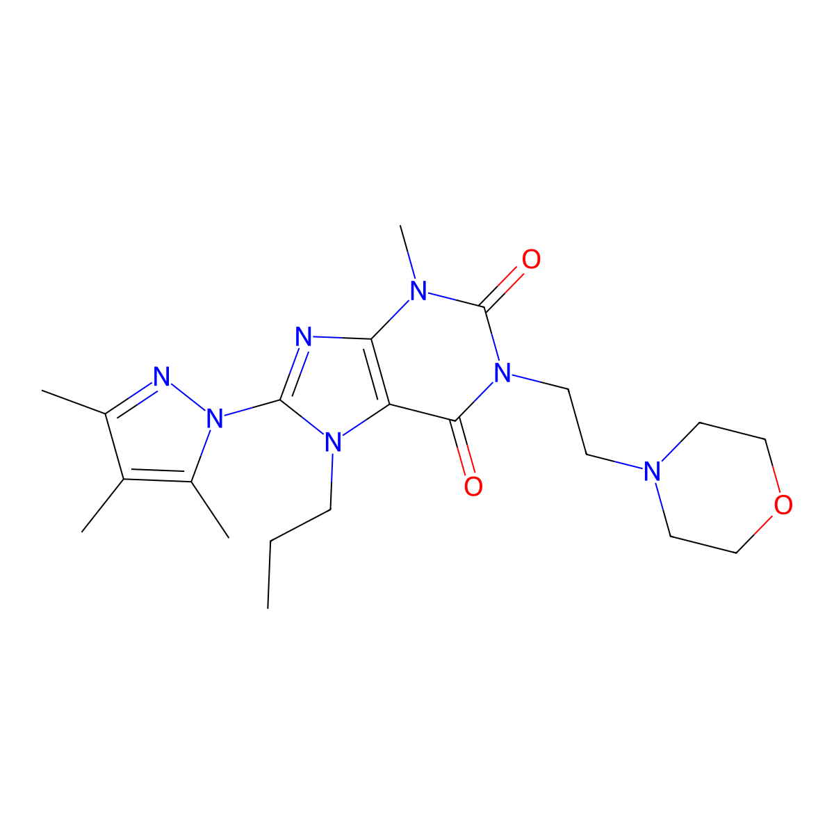 3-methyl-1-[2-(morpholin-4-yl)ethyl]-7-propyl-8-(3,4,5-trimethyl-1H-pyrazol-1-yl)-2,3,6,7-tetrahydro-1H-purine-2,6-dione molecular structure, CAS 1013990-15-2