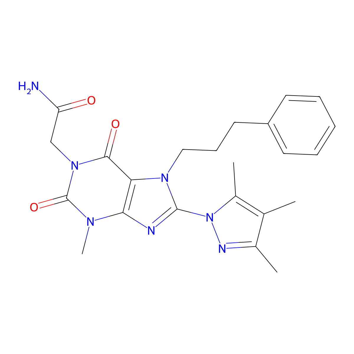 2-(3-methyl-2,6-dioxo-7-(3-phenylpropyl)-8-(3,4,5-trimethyl-1H-pyrazol-1-yl)-2,3,6,7-tetrahydro-1H-purin-1-yl)acetamide molecular structure, CAS 1013990-19-6