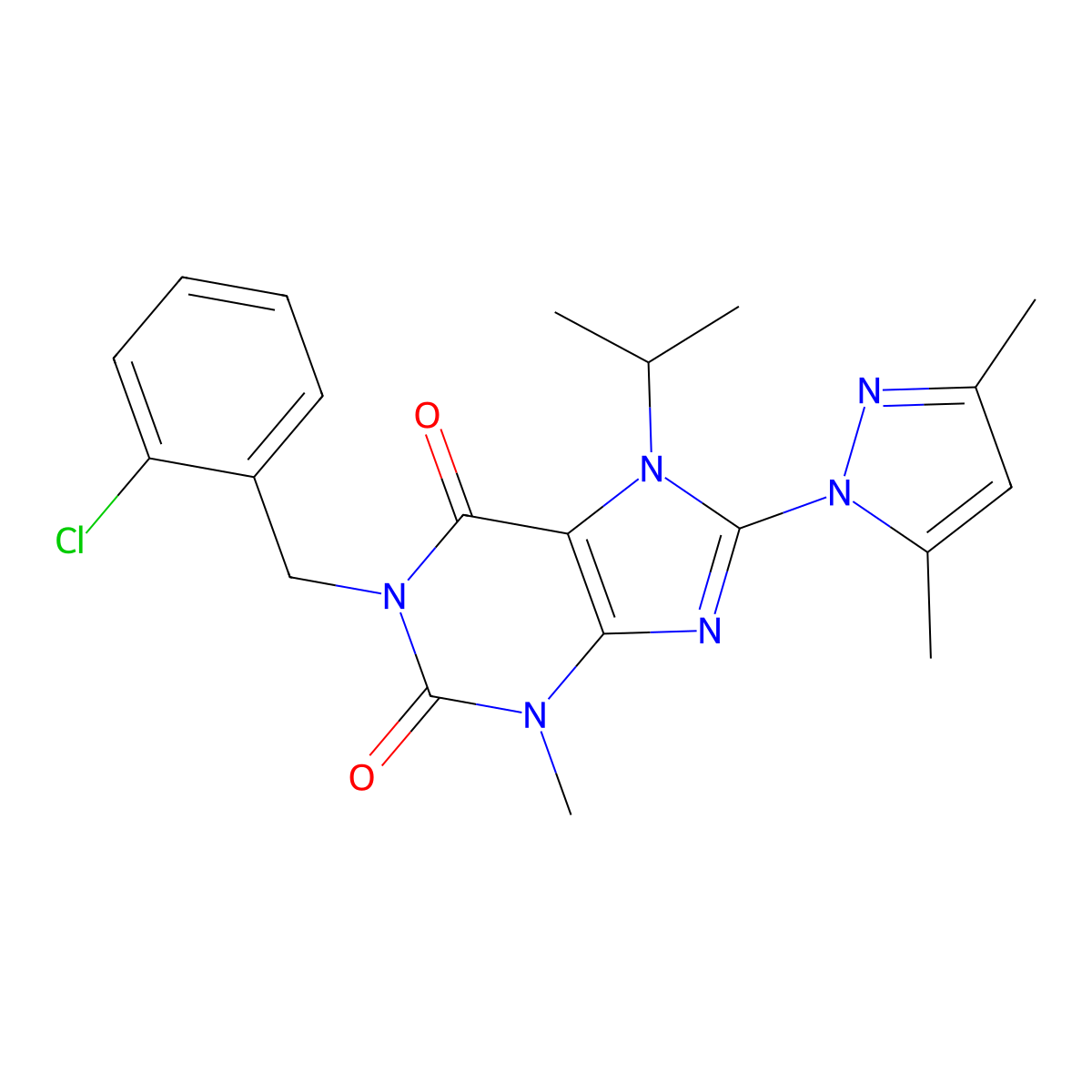 1-(2-chlorobenzyl)-8-(3,5-dimethyl-1H-pyrazol-1-yl)-7-isopropyl-3-methyl-1H-purine-2,6(3H,7H)-dione molecular structure, CAS 1013990-20-9