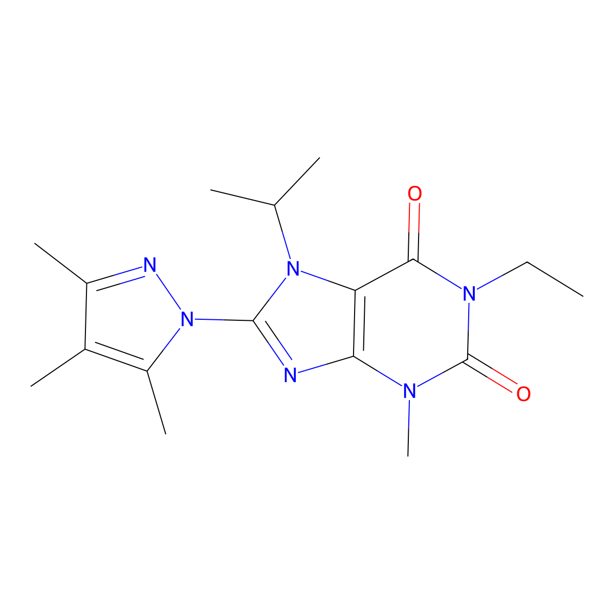 1-ethyl-3-methyl-7-(propan-2-yl)-8-(3,4,5-trimethyl-1H-pyrazol-1-yl)-2,3,6,7-tetrahydro-1H-purine-2,6-dione molecular structure, CAS 1013990-23-2