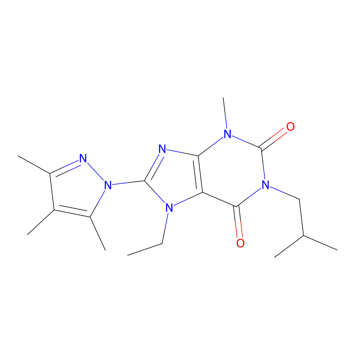 7-Ethyl-3-methyl-1-(2-methylpropyl)-8-(3,4,5-trimethylpyrazolyl)-1,3,7-trihydr opurine-2,6-dione molecular structure, CAS 1013990-36-7