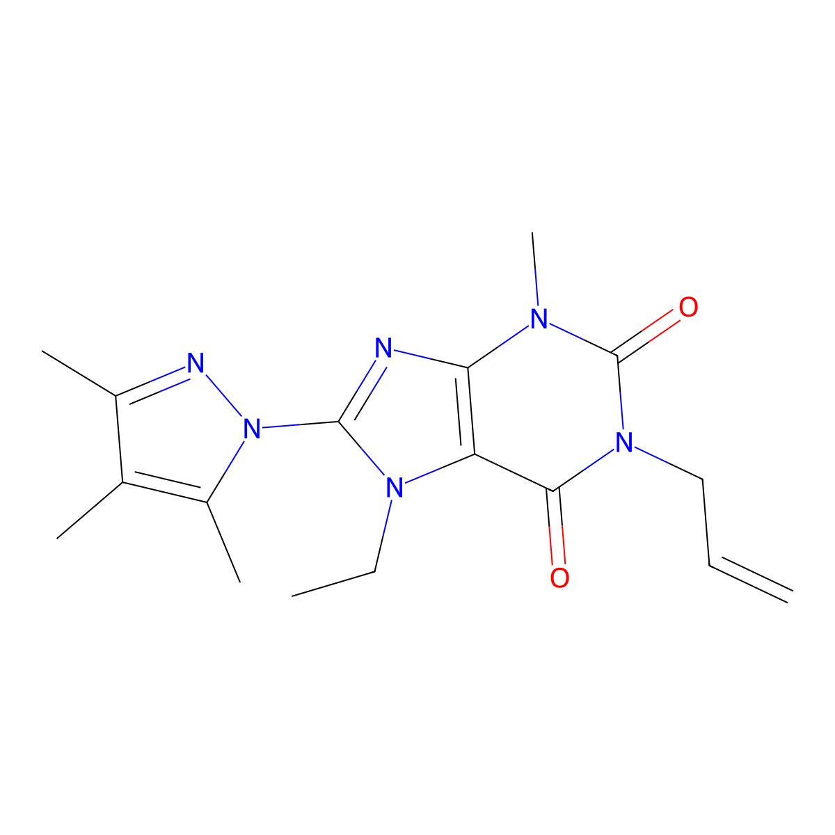 7-ethyl-3-methyl-1-(prop-2-en-1-yl)-8-(3,4,5-trimethyl-1H-pyrazol-1-yl)-2,3,6,7-tetrahydro-1H-purine-2,6-dione molecular structure, CAS 1013990-51-6