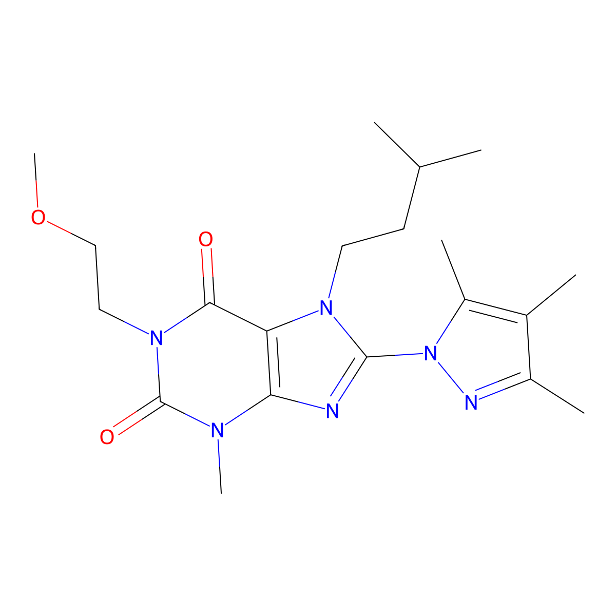7-isopentyl-1-(2-methoxyethyl)-3-methyl-8-(3,4,5-trimethyl-1H-pyrazol-1-yl)-1H-purine-2,6(3H,7H)-dione molecular structure, CAS 1013990-96-9
