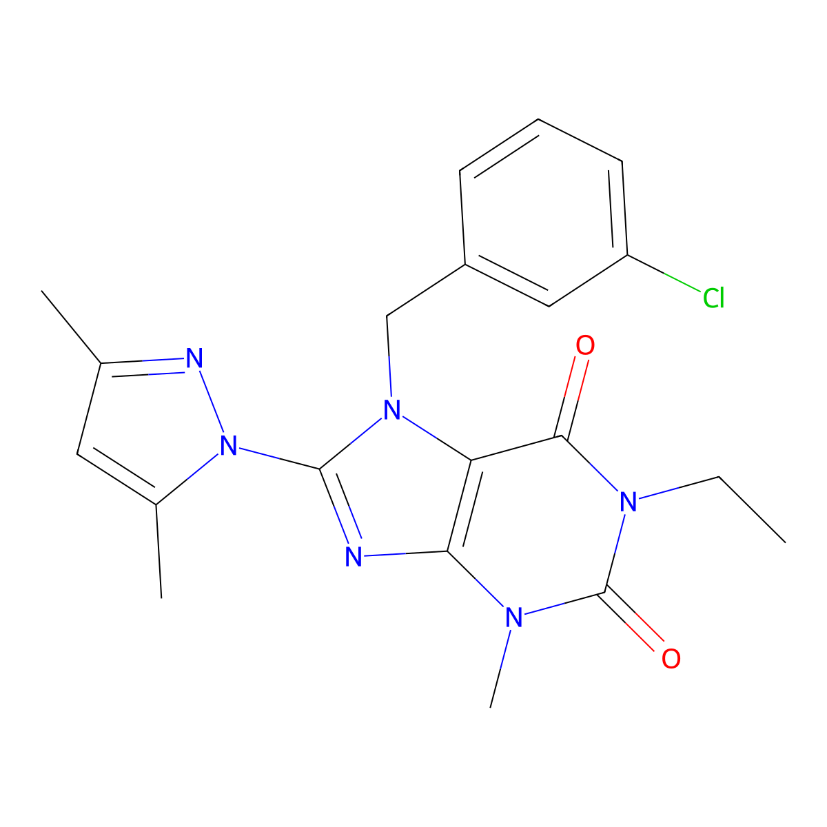 7-(3-chlorobenzyl)-8-(3,5-dimethyl-1H-pyrazol-1-yl)-1-ethyl-3-methyl-1H-purine-2,6(3H,7H)-dione molecular structure, CAS 1013991-01-9