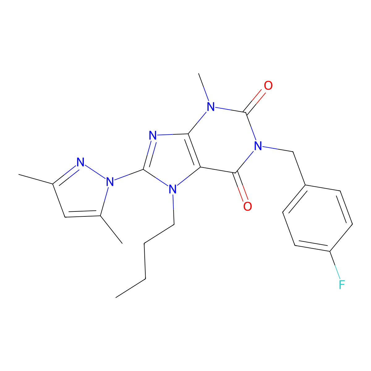 7-butyl-8-(3,5-dimethyl-1H-pyrazol-1-yl)-1-(4-fluorobenzyl)-3-methyl-1H-purine-2,6(3H,7H)-dione molecular structure, CAS 1013991-06-4