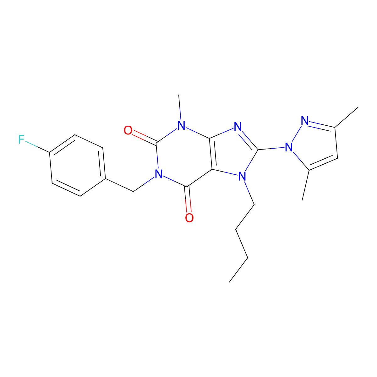7-butyl-8-(3,5-dimethyl-1H-pyrazol-1-yl)-1-(4-fluorobenzyl)-3-methyl-1H-purine-2,6(3H,7H)-dione molecular structure, CAS 1013991-06-4