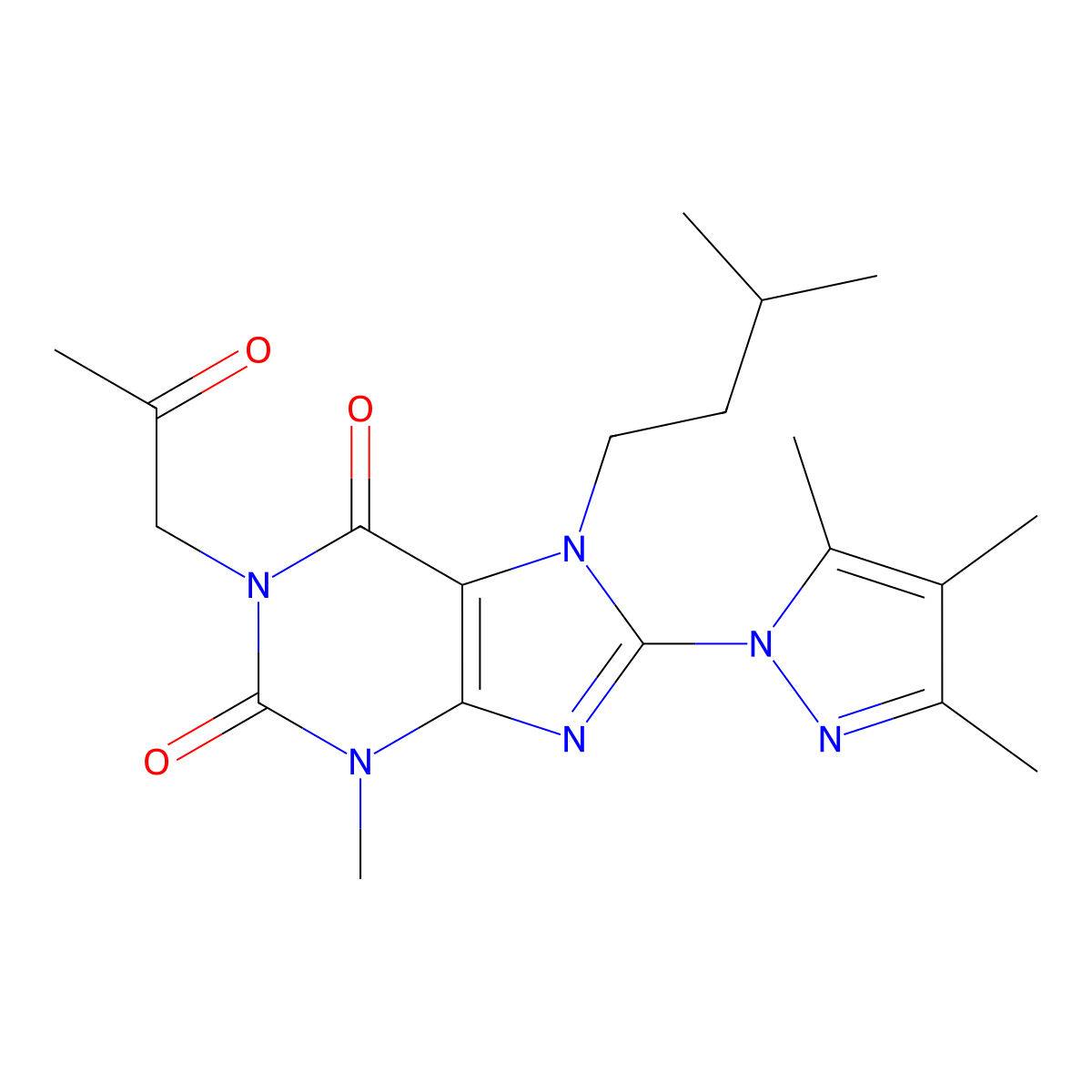 3-methyl-7-(3-methylbutyl)-1-(2-oxopropyl)-8-(3,4,5-trimethyl-1H-pyrazol-1-yl)-2,3,6,7-tetrahydro-1H-purine-2,6-dione molecular structure, CAS 1013991-11-1
