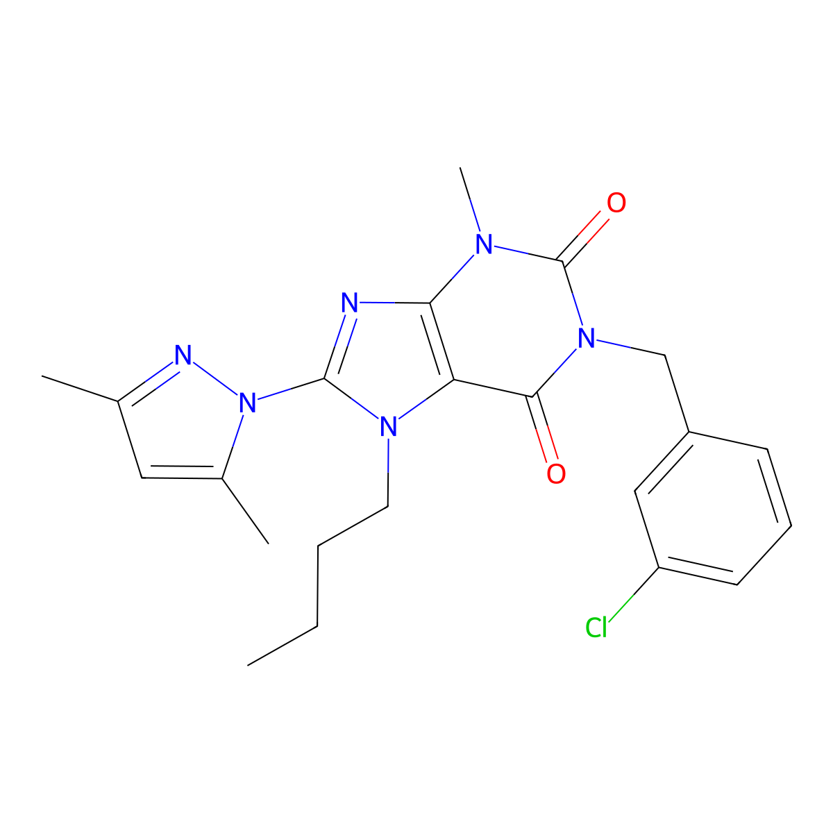 7-butyl-1-[(3-chlorophenyl)methyl]-8-(3,5-dimethyl-1H-pyrazol-1-yl)-3-methyl-2,3,6,7-tetrahydro-1H-purine-2,6-dione molecular structure, CAS 1013991-16-6