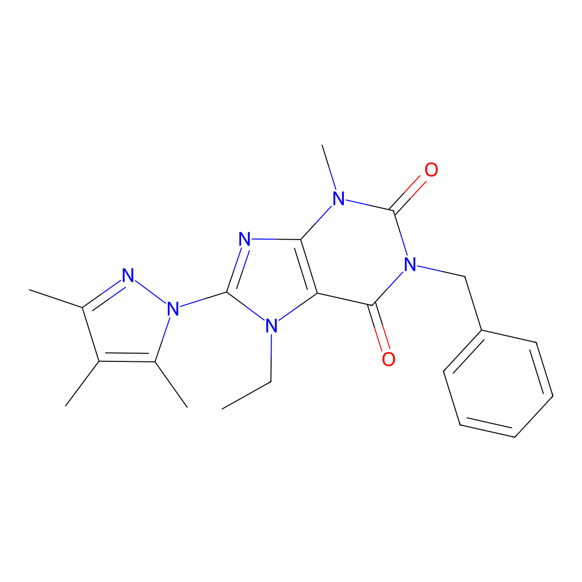1-benzyl-7-ethyl-3-methyl-8-(3,4,5-trimethyl-1H-pyrazol-1-yl)-2,3,6,7-tetrahydro-1H-purine-2,6-dione molecular structure, CAS 1013991-18-8