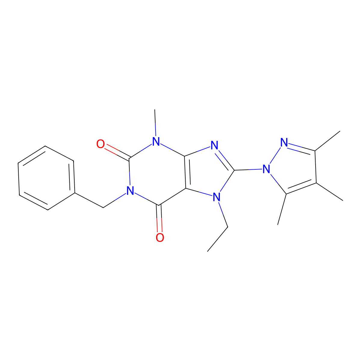 1-benzyl-7-ethyl-3-methyl-8-(3,4,5-trimethyl-1H-pyrazol-1-yl)-2,3,6,7-tetrahydro-1H-purine-2,6-dione molecular structure, CAS 1013991-18-8