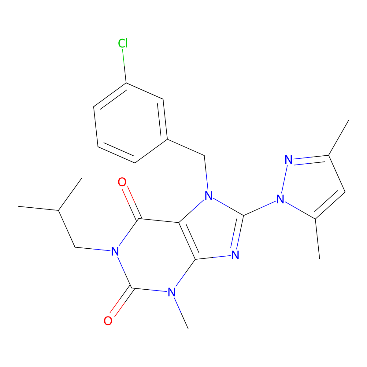 7-(3-chlorobenzyl)-8-(3,5-dimethyl-1H-pyrazol-1-yl)-1-isobutyl-3-methyl-1H-purine-2,6(3H,7H)-dione molecular structure, CAS 1013991-46-2