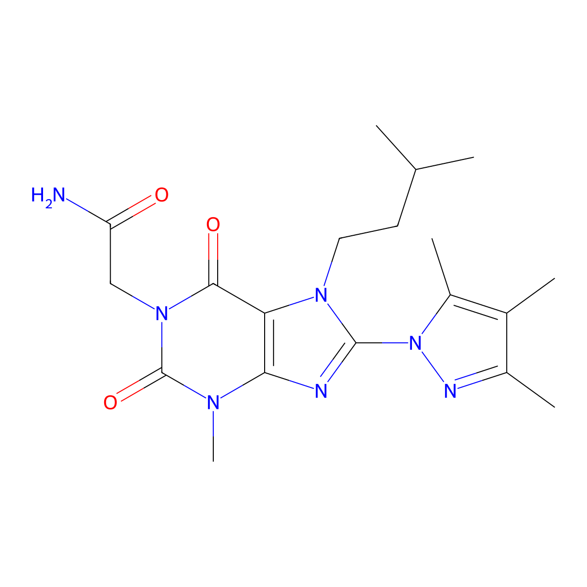 2-[3-Methyl-7-(3-methylbutyl)-2,6-dioxo-8-(3,4,5-trimethylpyrazolyl)-1,3,7-tri hydropurinyl]acetamide molecular structure, CAS 1013991-52-0