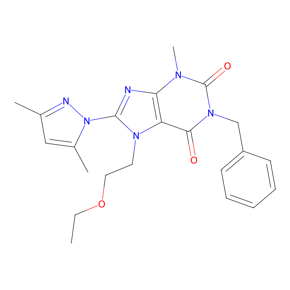 1-benzyl-8-(3,5-dimethyl-1H-pyrazol-1-yl)-7-(2-ethoxyethyl)-3-methyl-1H-purine-2,6(3H,7H)-dione molecular structure, CAS 1013991-55-3