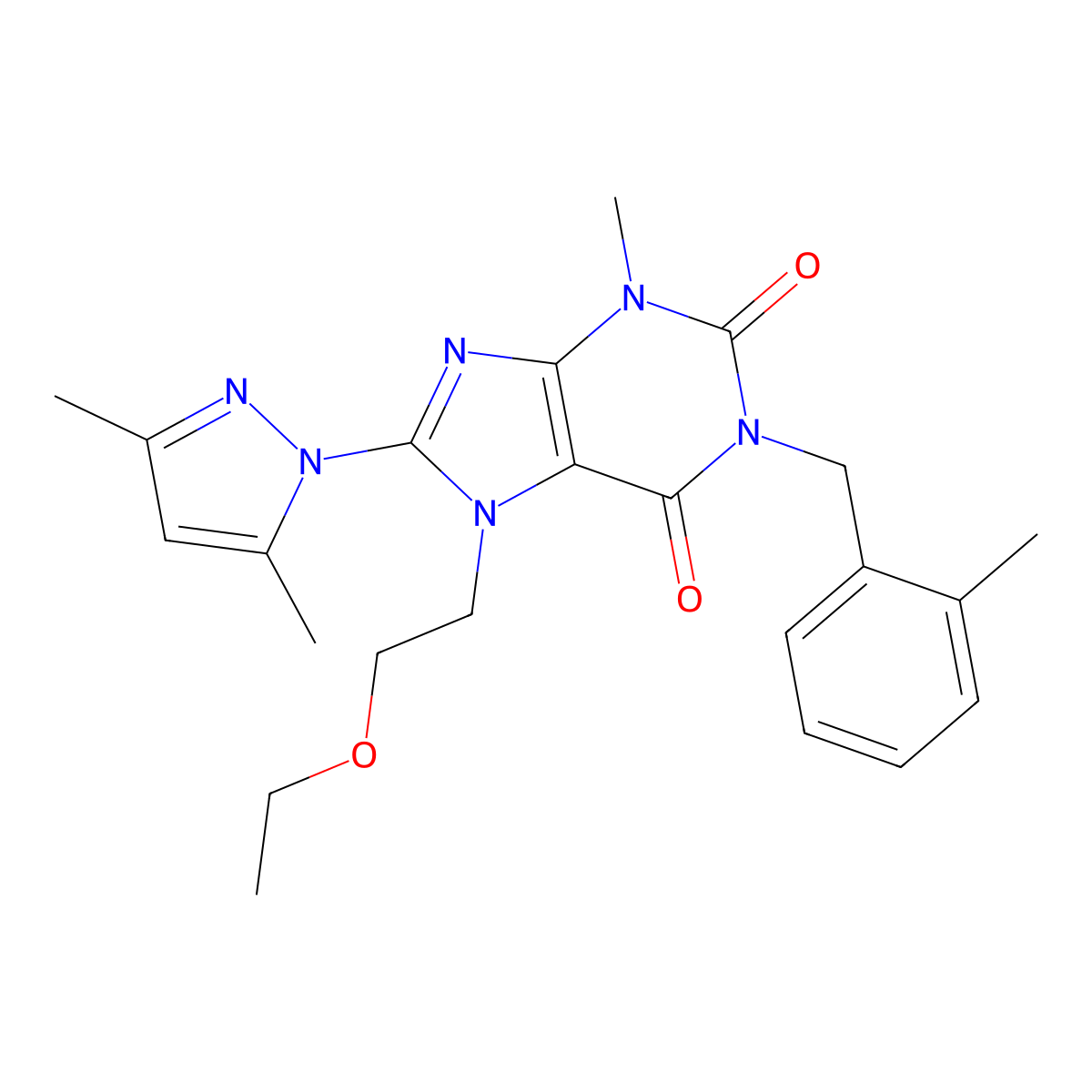 8-(3,5-Dimethylpyrazol-1-yl)-7-(2-ethoxyethyl)-3-methyl-1-[(2-methylphenyl)methyl]purine-2,6-dione molecular structure, CAS 1013991-62-2