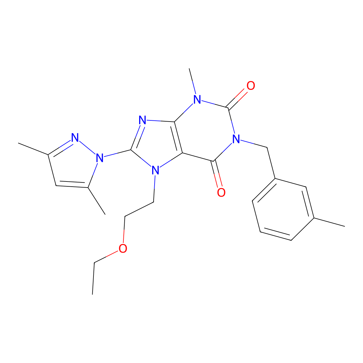 8-(3,5-dimethyl-1H-pyrazol-1-yl)-7-(2-ethoxyethyl)-3-methyl-1-[(3-methylphenyl)methyl]-2,3,6,7-tetrahydro-1H-purine-2,6-dione molecular structure, CAS 1013991-69-9