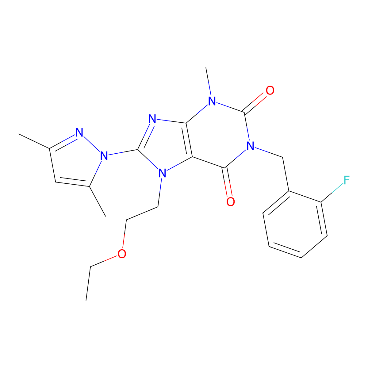 8-(3,5-dimethyl-1H-pyrazol-1-yl)-7-(2-ethoxyethyl)-1-(2-fluorobenzyl)-3-methyl-1H-purine-2,6(3H,7H)-dione molecular structure, CAS 1013991-99-5