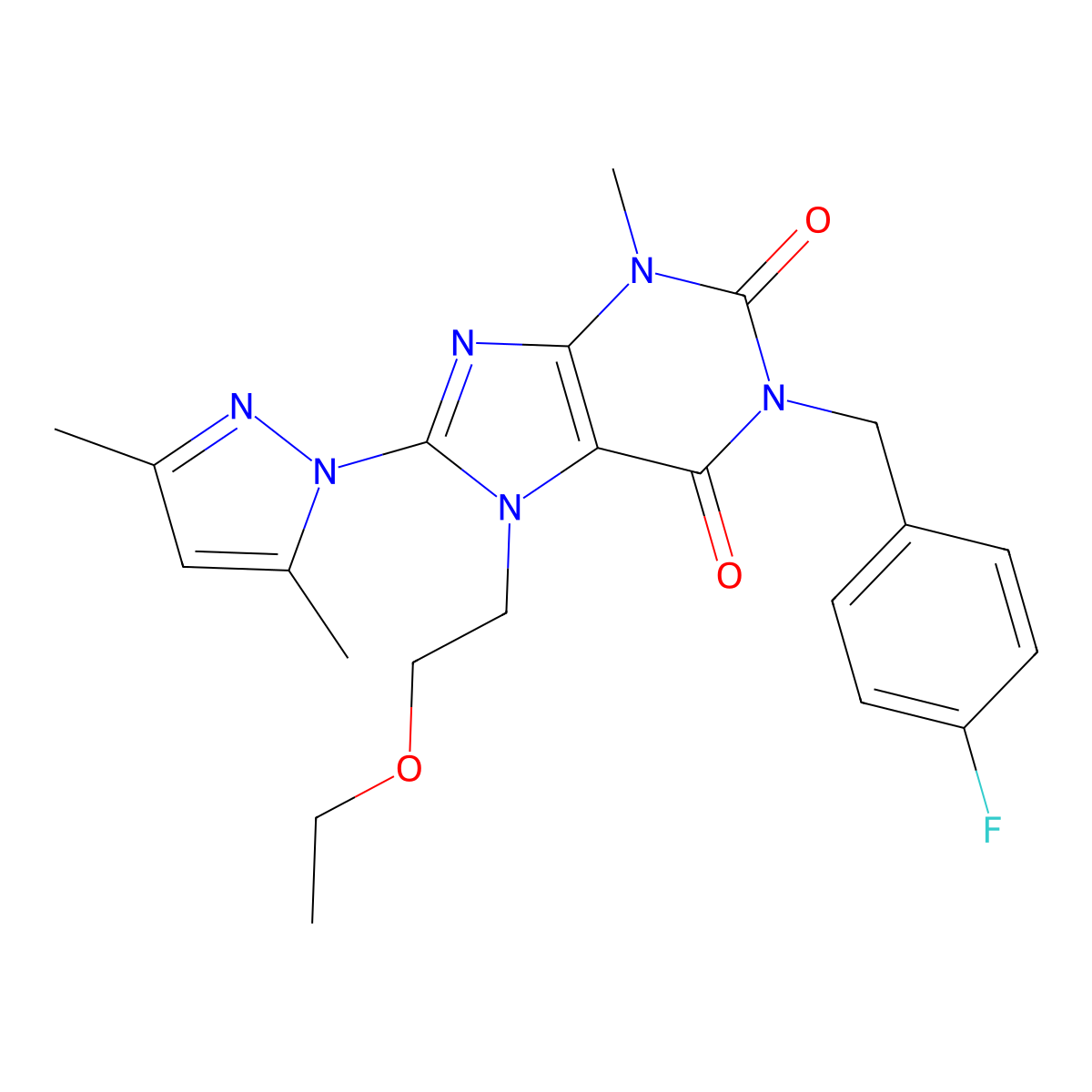 8-(3,5-dimethyl-1H-pyrazol-1-yl)-7-(2-ethoxyethyl)-1-(4-fluorobenzyl)-3-methyl-1H-purine-2,6(3H,7H)-dione molecular structure, CAS 1013992-12-5