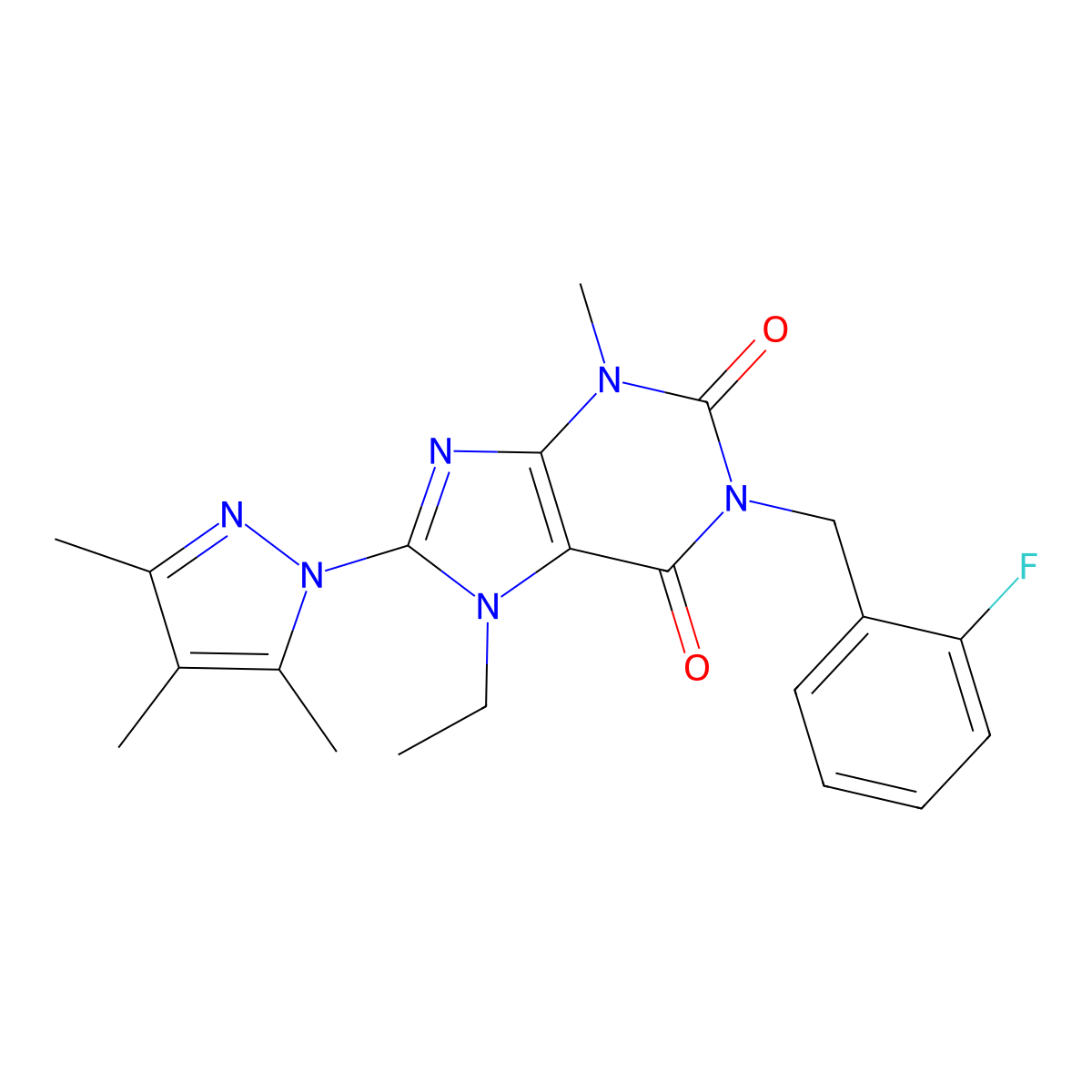 7-ethyl-1-(2-fluorobenzyl)-3-methyl-8-(3,4,5-trimethyl-1H-pyrazol-1-yl)-1H-purine-2,6(3H,7H)-dione molecular structure, CAS 1013992-13-6