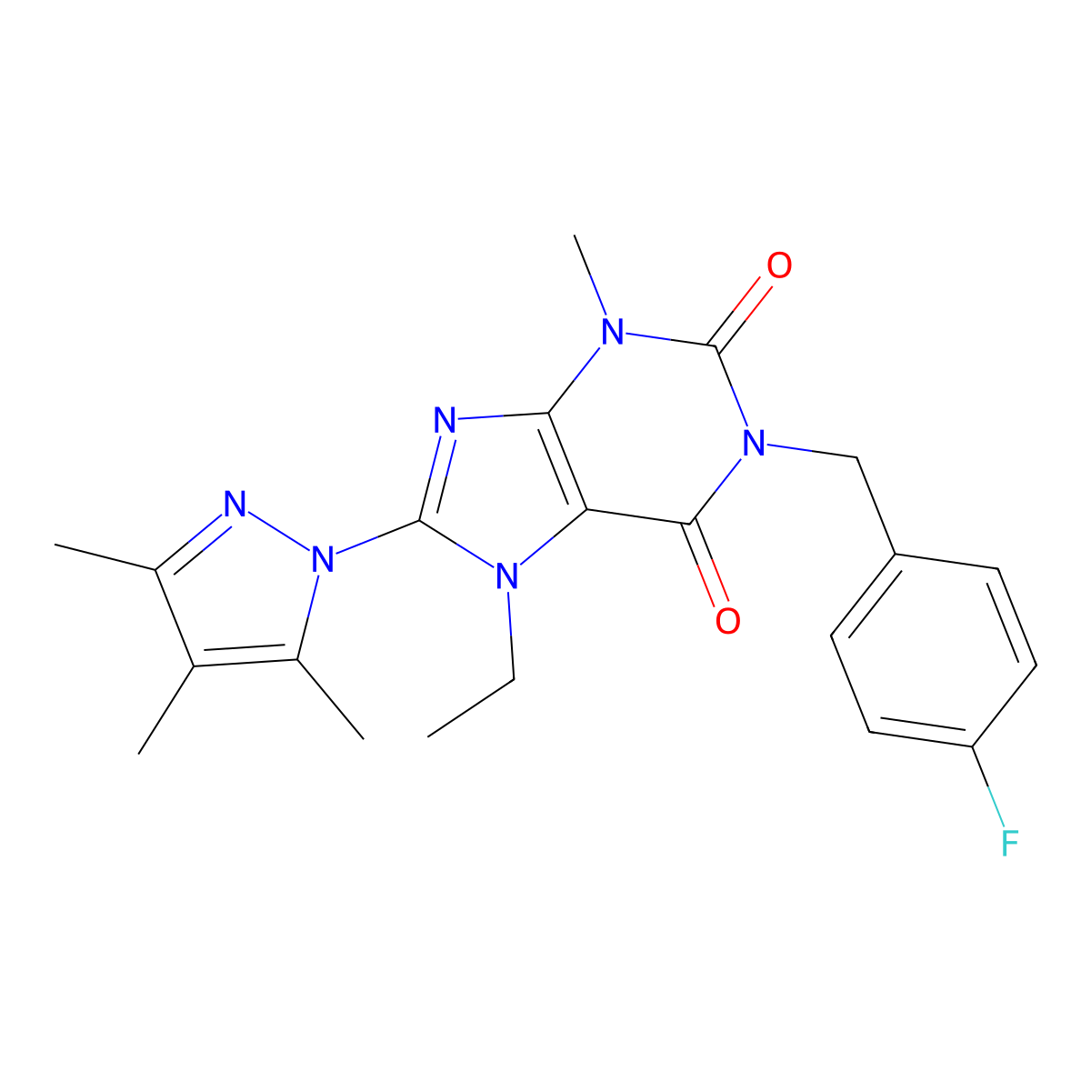7-ethyl-1-(4-fluorobenzyl)-3-methyl-8-(3,4,5-trimethyl-1H-pyrazol-1-yl)-1H-purine-2,6(3H,7H)-dione molecular structure, CAS 1013992-21-6