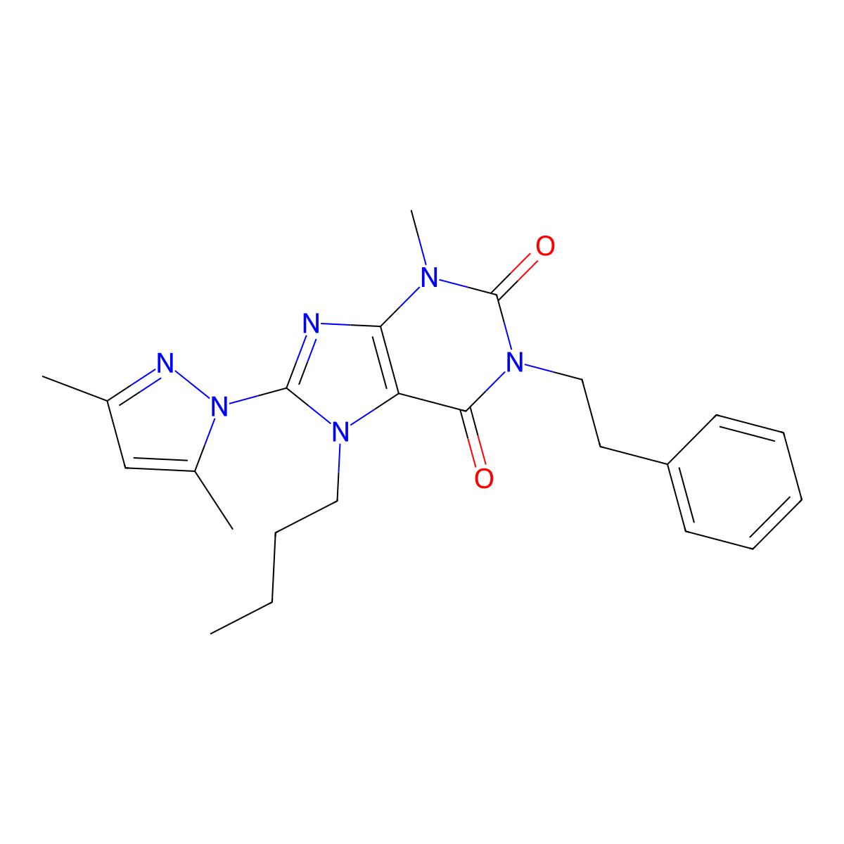 7-butyl-8-(3,5-dimethyl-1H-pyrazol-1-yl)-3-methyl-1-phenethyl-1H-purine-2,6(3H,7H)-dione molecular structure, CAS 1013992-34-1